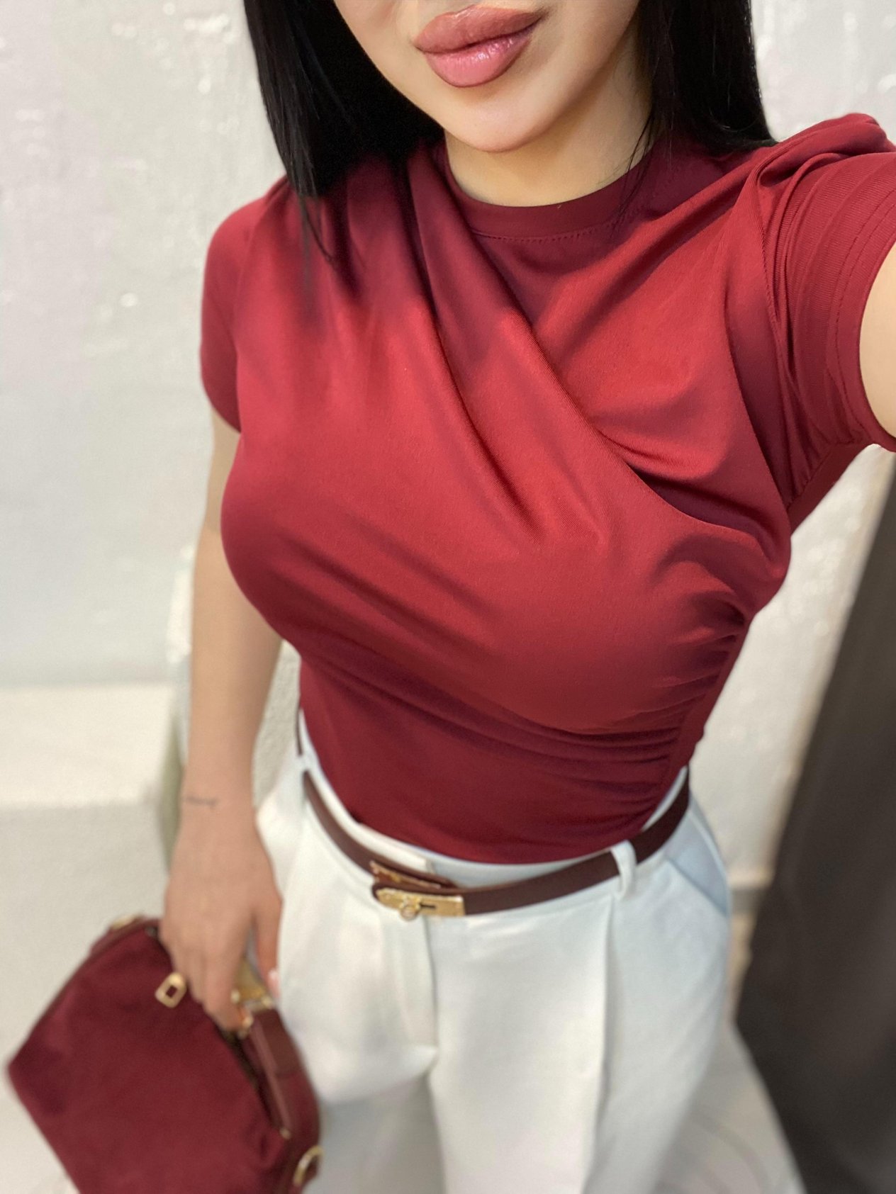 Bordo Drapeli Kısa Kol Bluz
