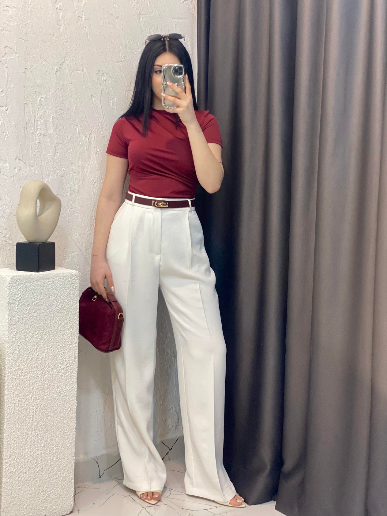 Bordo Drapeli Kısa Kol Bluz