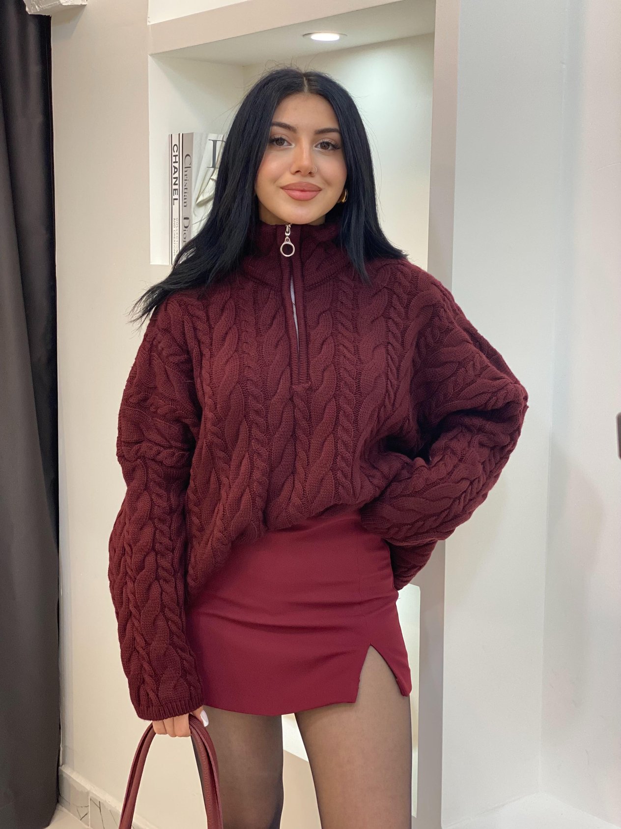Bordo Fermuarlı Saç Örgü Model Kazak