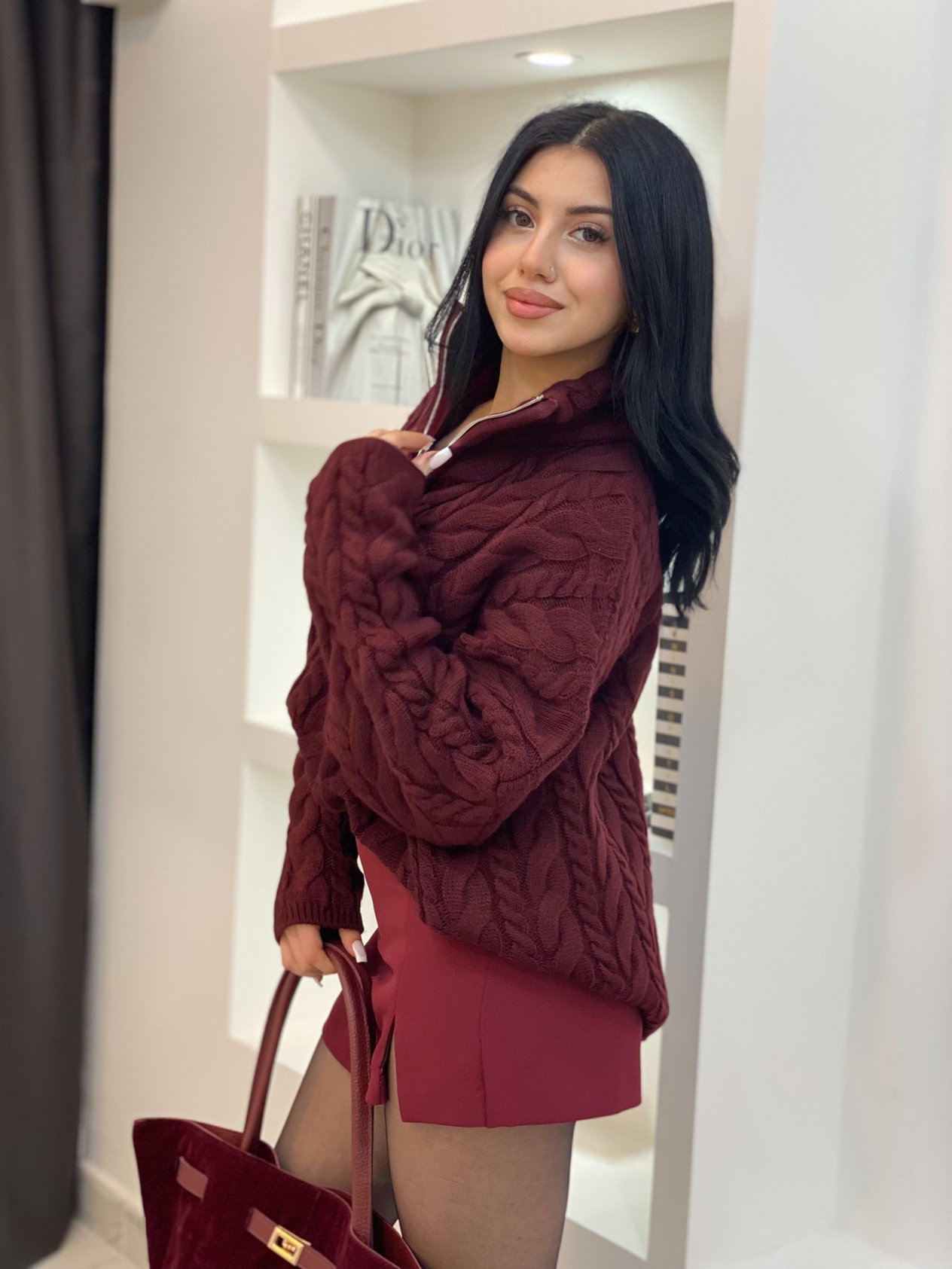 Bordo Fermuarlı Saç Örgü Model Kazak