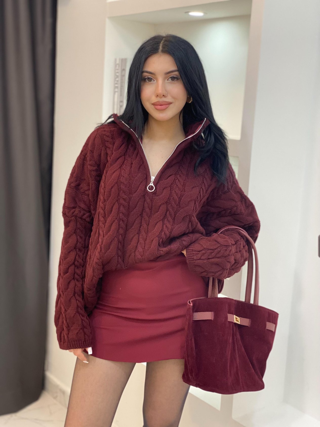 Bordo Fermuarlı Saç Örgü Model Kazak