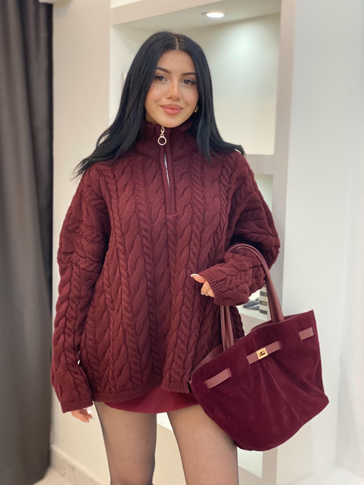 Bordo Fermuarlı Saç Örgü Model Kazak