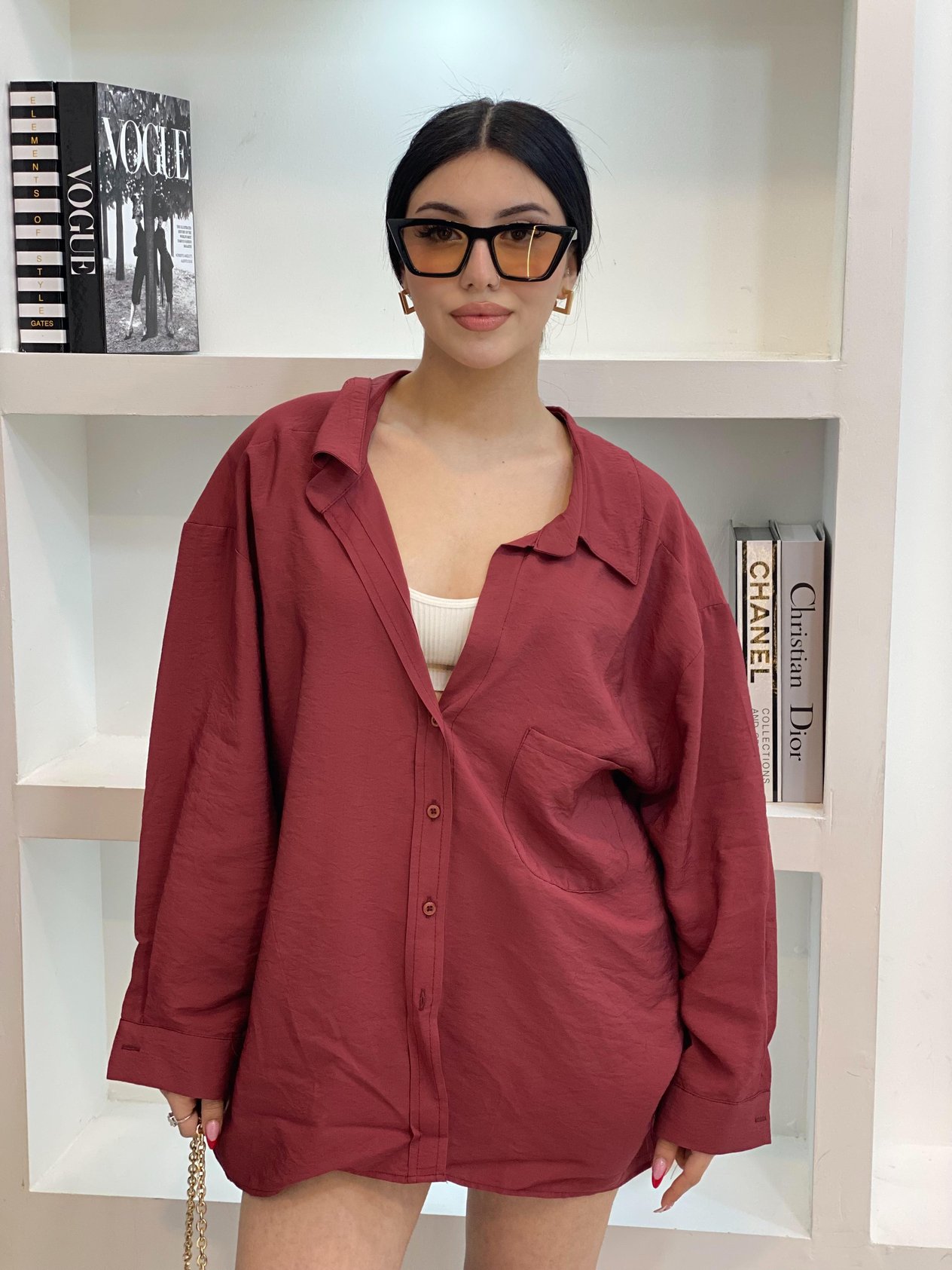 Bordo Oversize Önü Cepli Model Gömlek 