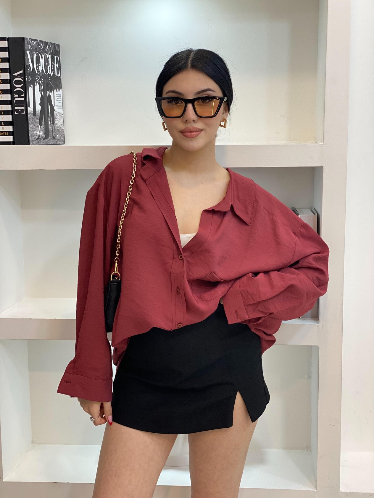 Bordo Oversize Önü Cepli Model Gömlek 