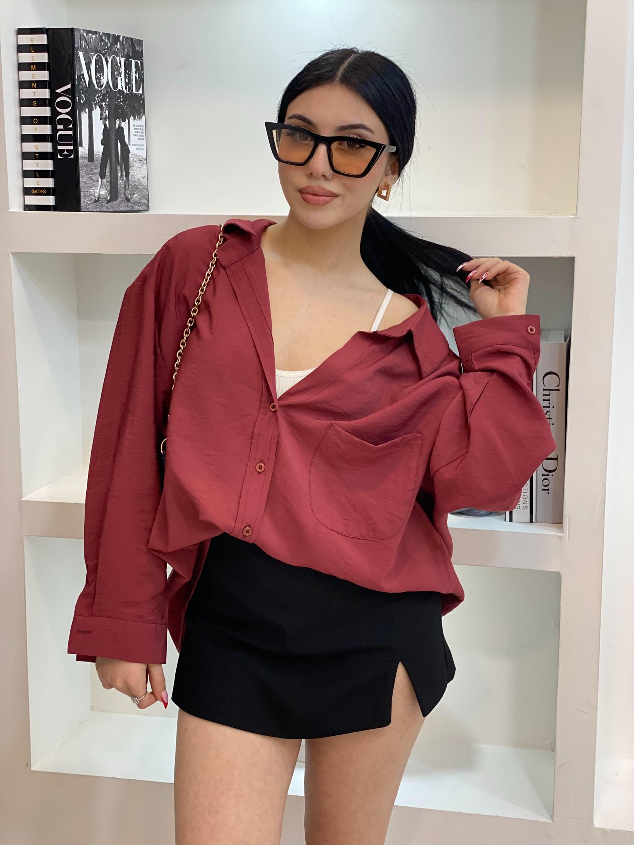 Bordo Oversize Önü Cepli Model Gömlek 