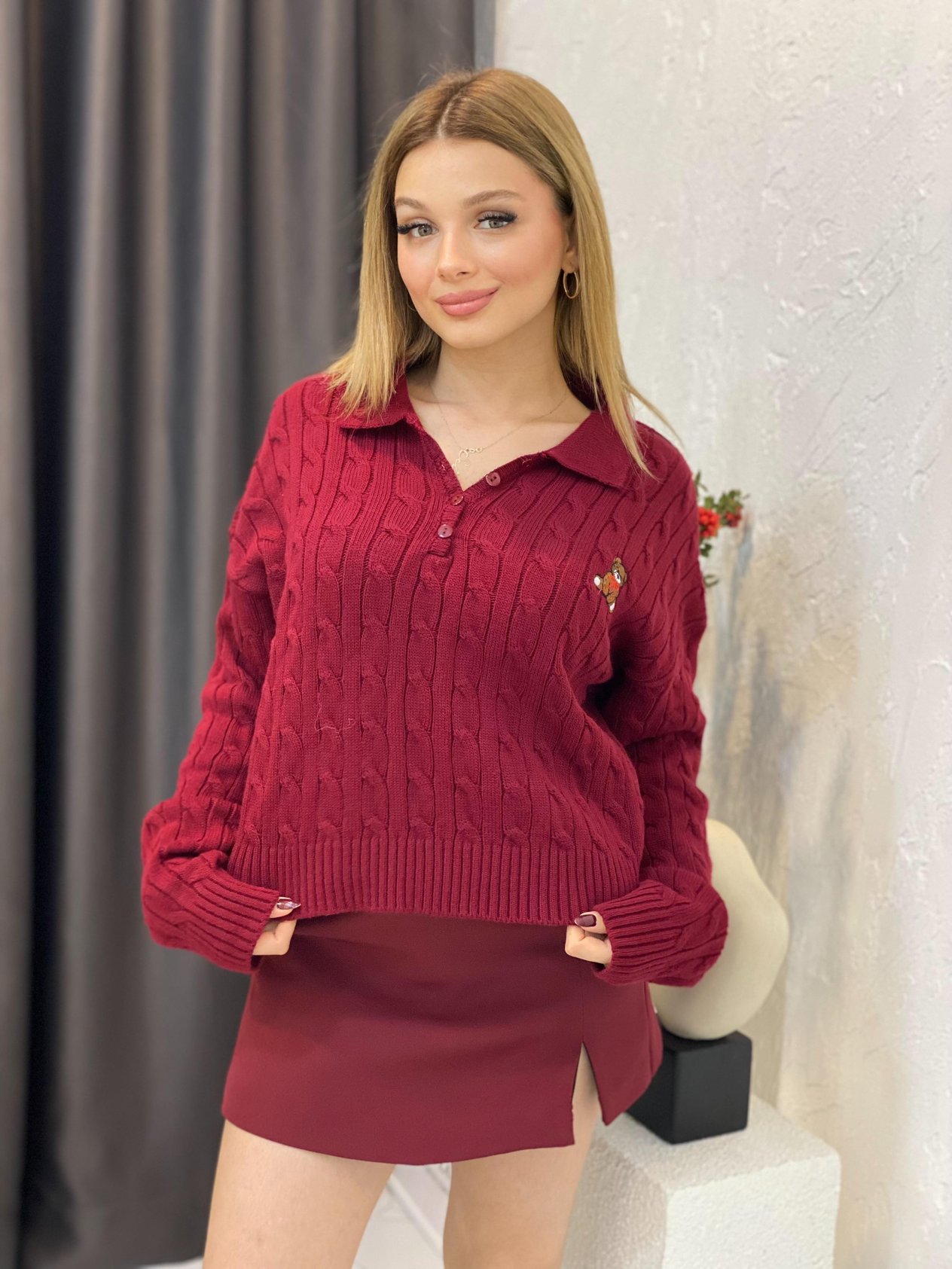 Bordo Polo Yaka Düğmeli Triko Kazak