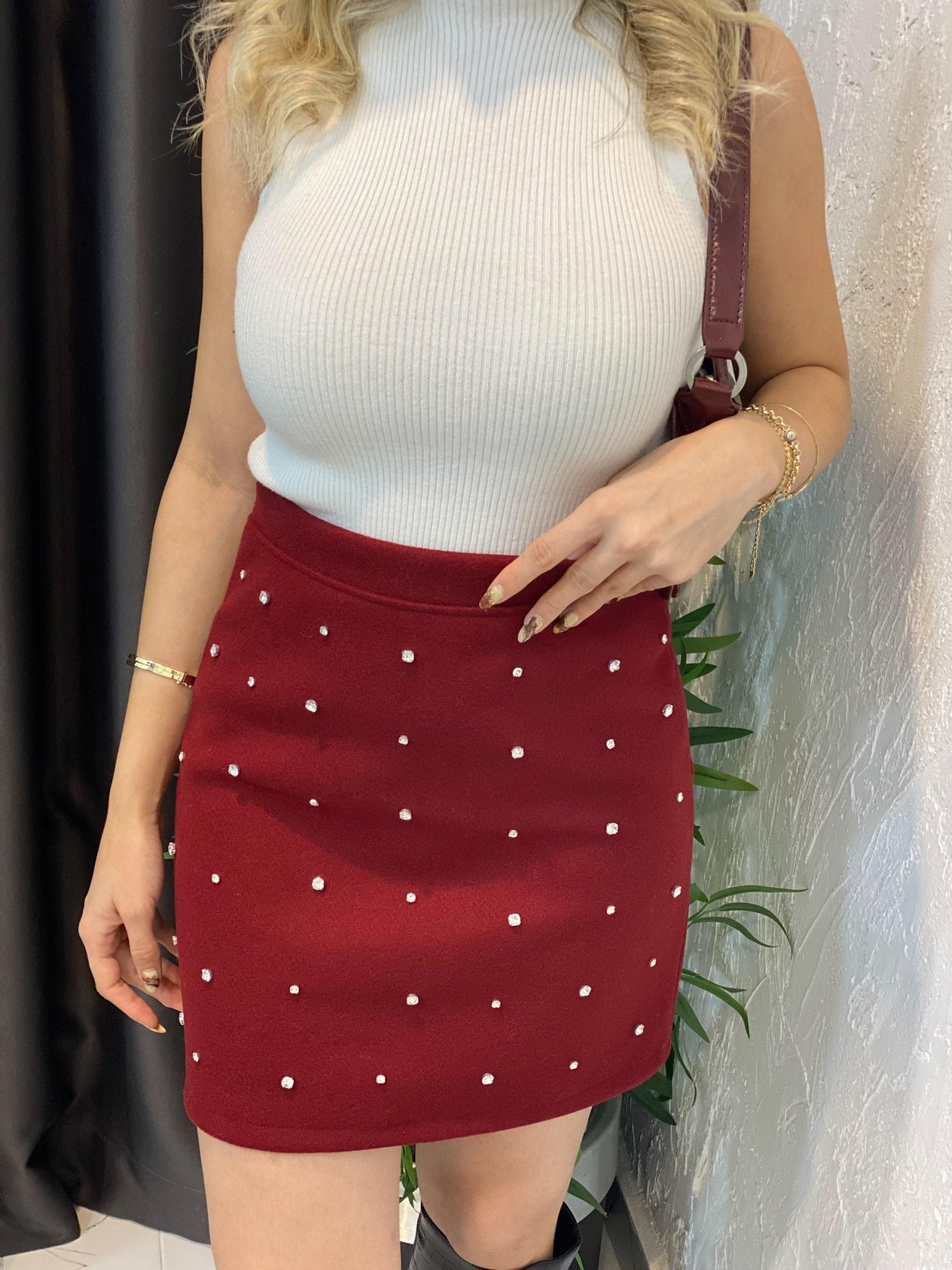 Bordo Taş Çakımlı Kaşe Etek