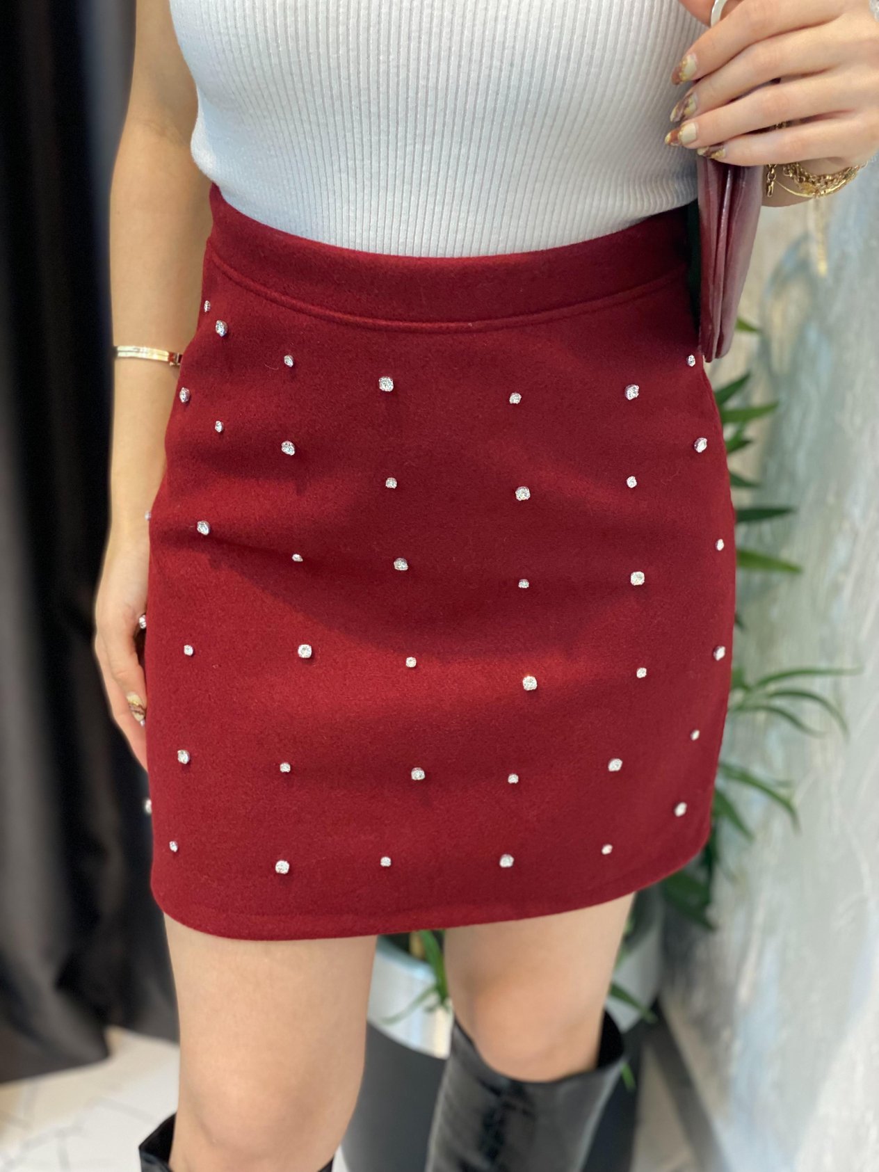 Bordo Taş Çakımlı Kaşe Etek