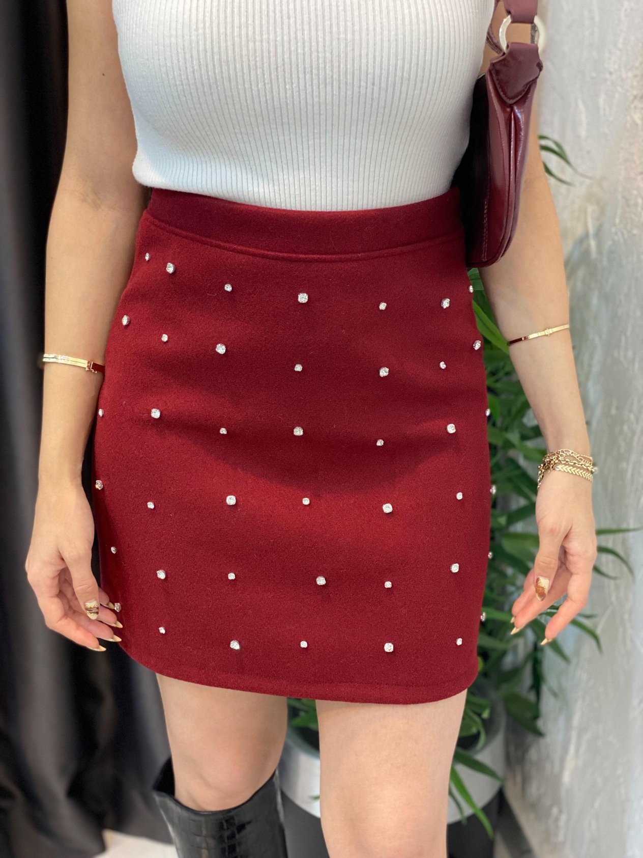 Bordo Taş Çakımlı Kaşe Etek