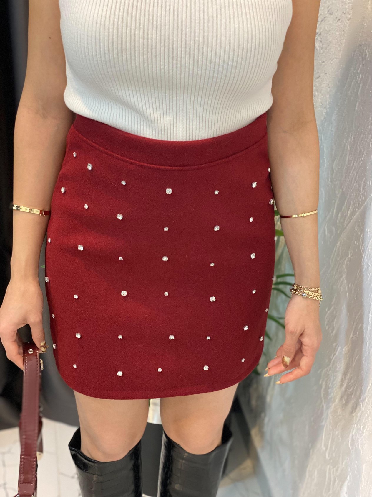 Bordo Taş Çakımlı Kaşe Etek