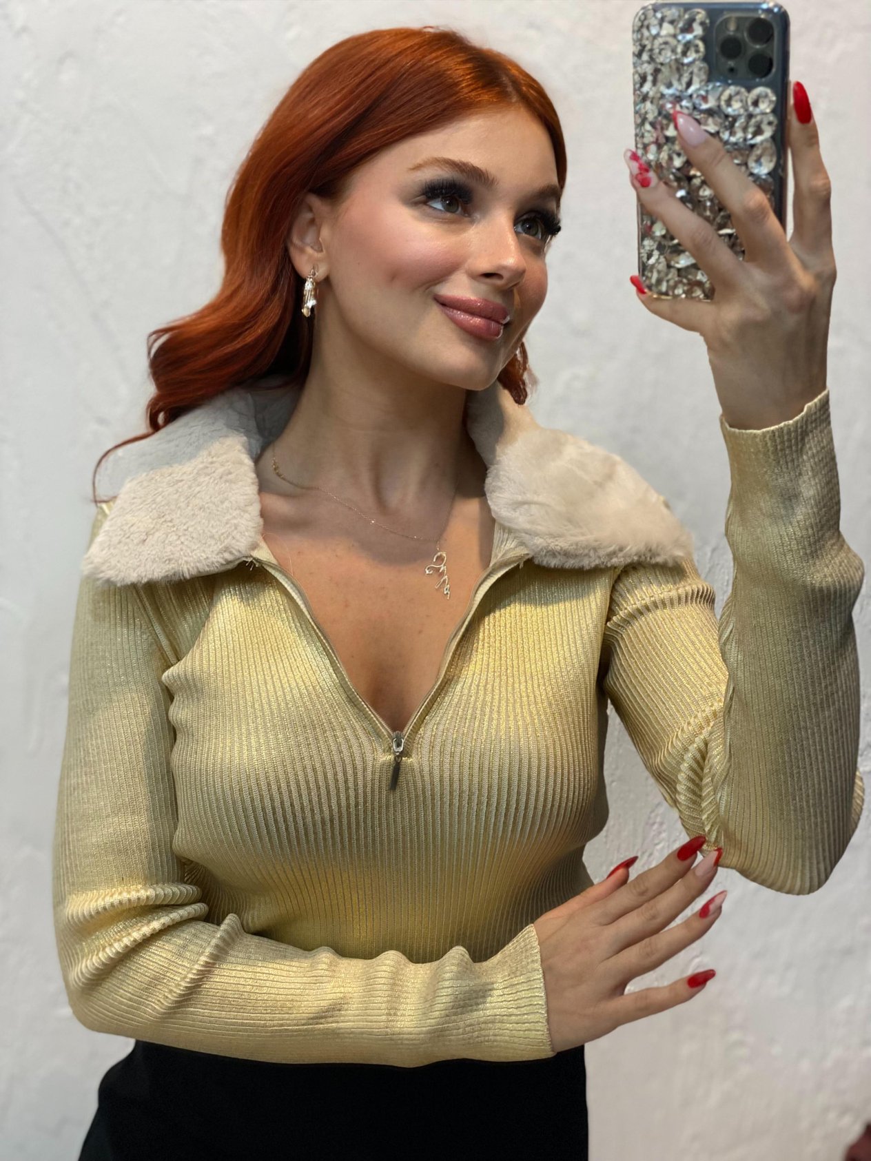 Gold Kürk Yaka Fermuarlı Triko