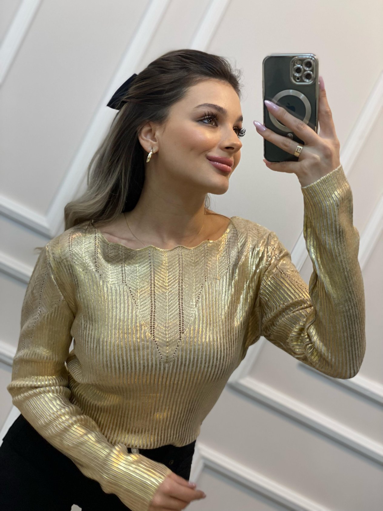 Gold Varak Baskılı Kayık Yaka Desenli Triko 