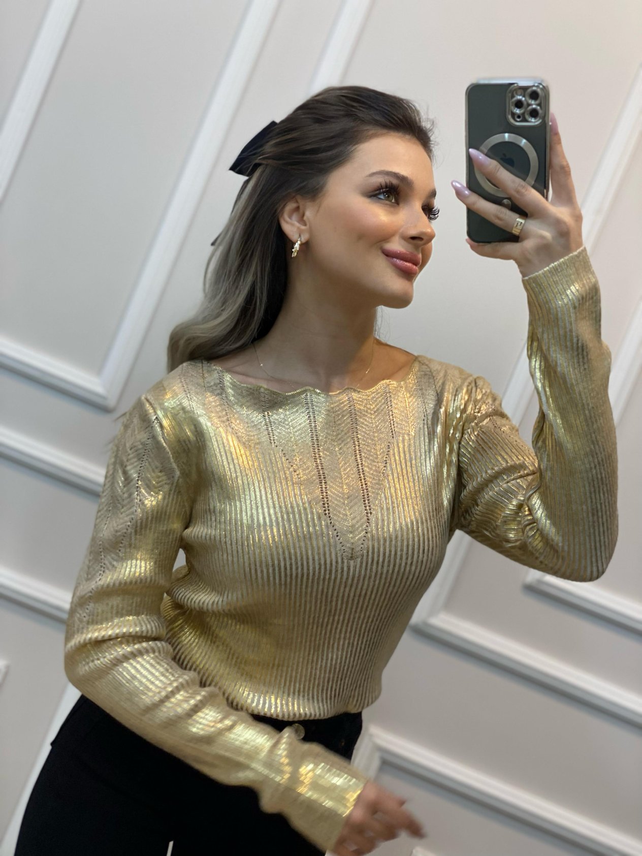 Gold Varak Baskılı Kayık Yaka Desenli Triko 
