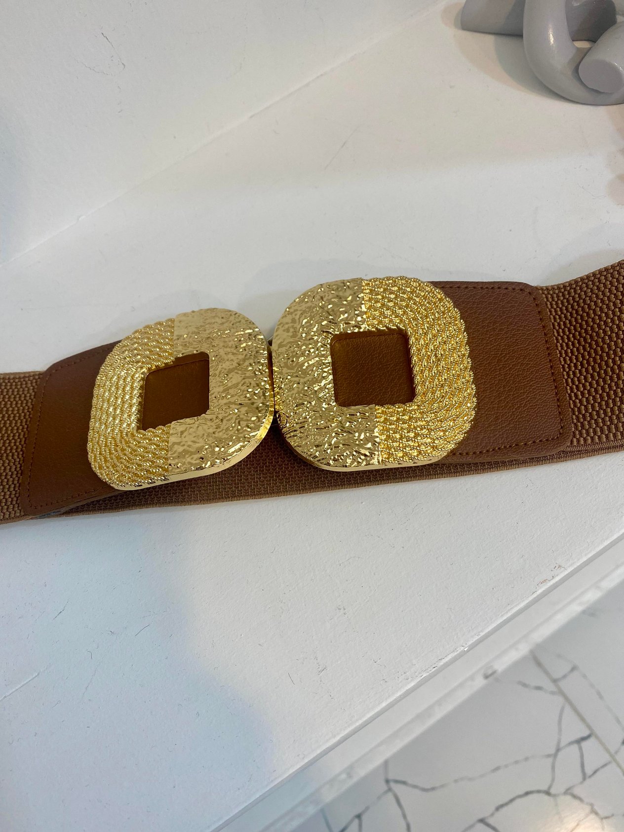 Kahve Gold Tokalı Likralı Elbise Kemeri 