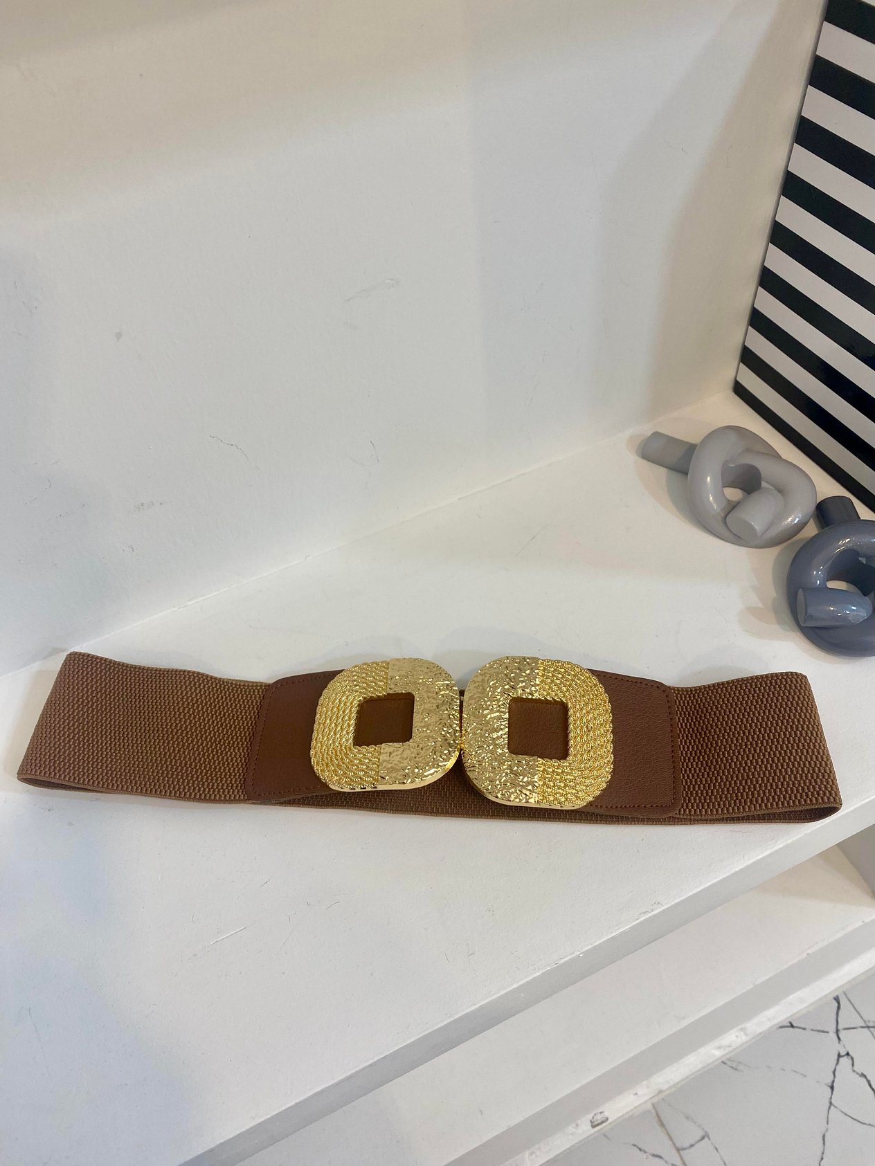 Kahve Gold Tokalı Likralı Elbise Kemeri 