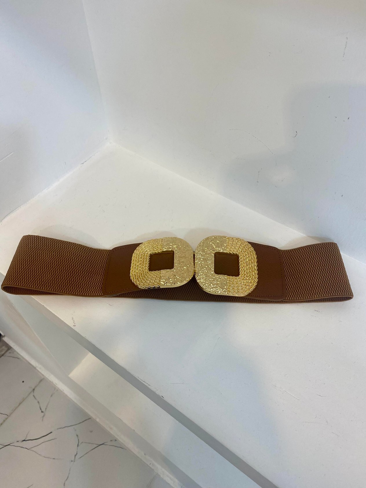 Kahve Gold Tokalı Likralı Elbise Kemeri 