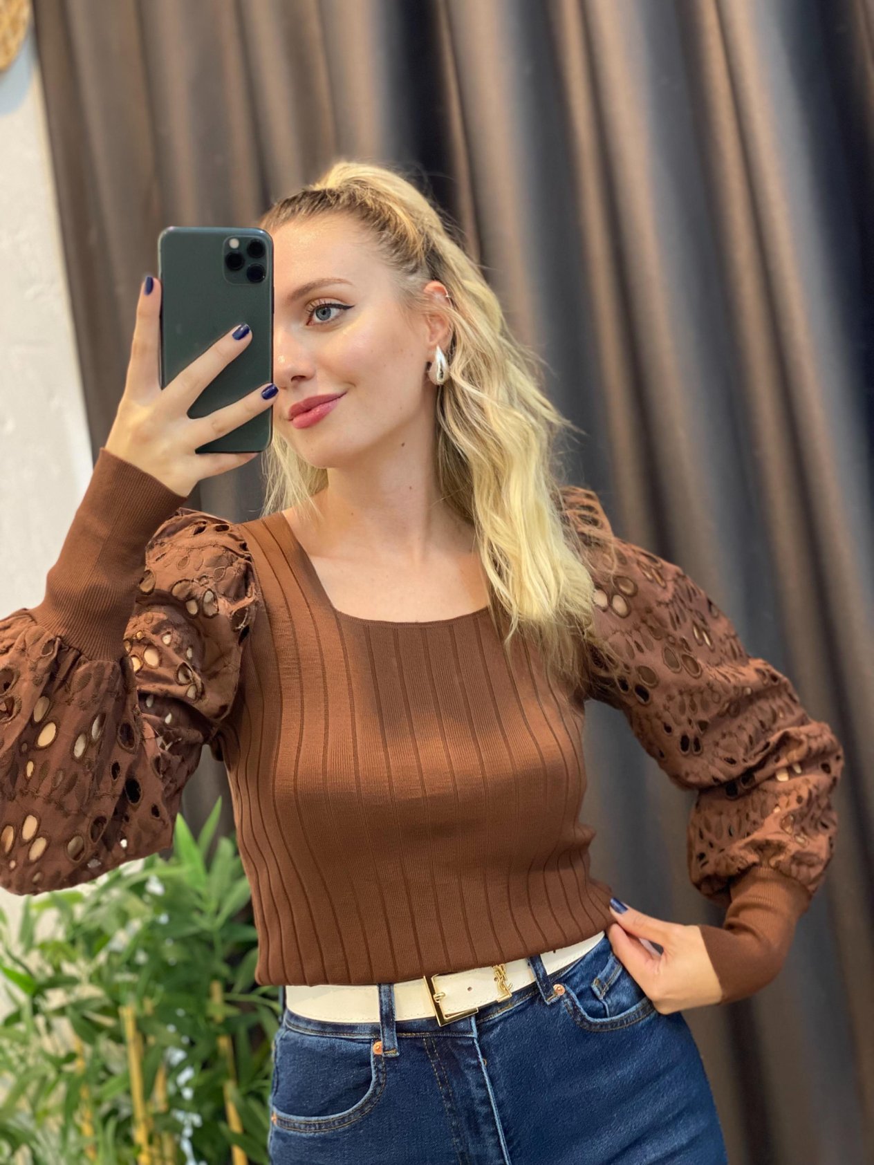 Kahve Kolları Fisto Detaylı Triko Bluz 