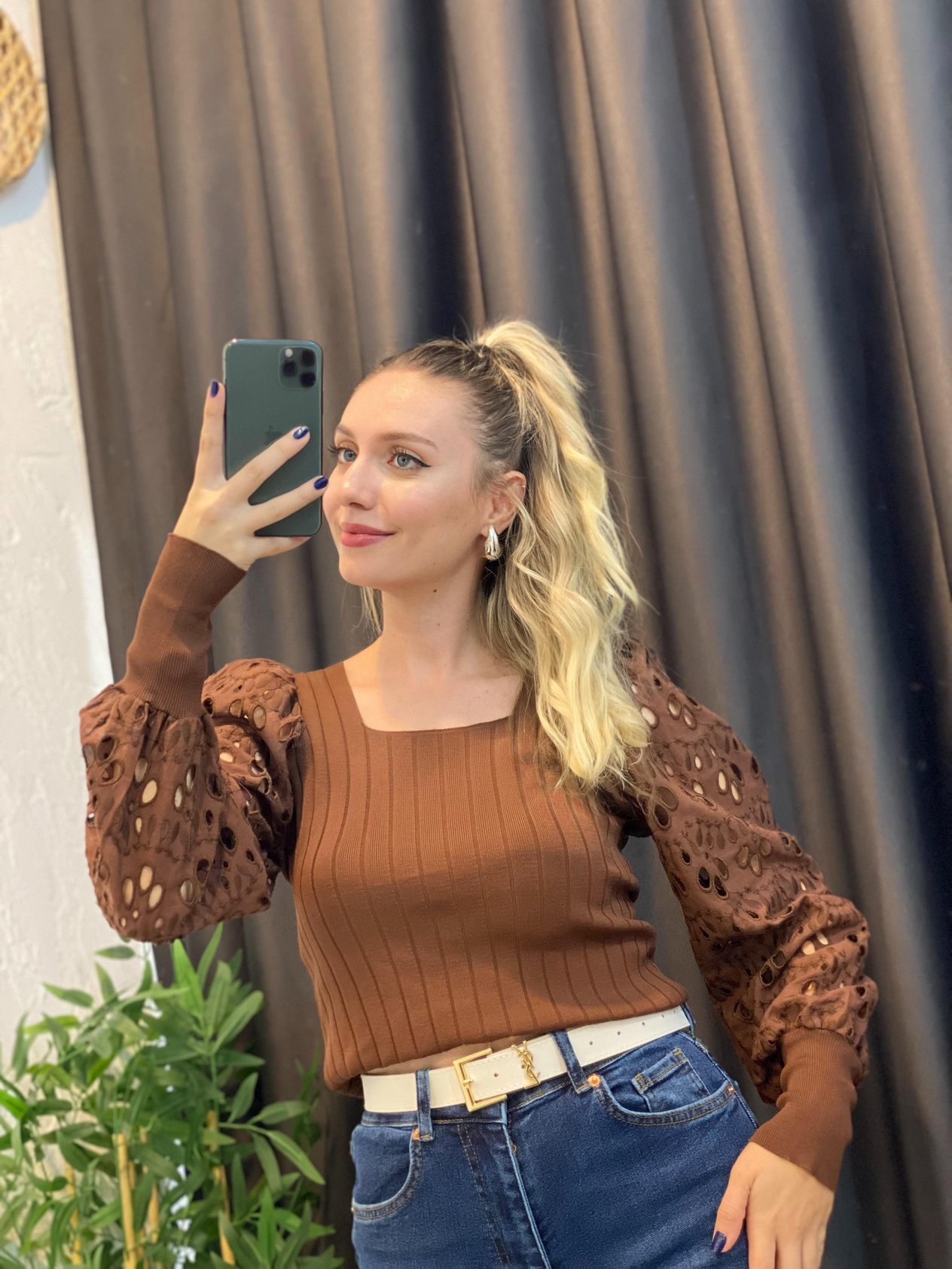 Kahve Kolları Fisto Detaylı Triko Bluz 
