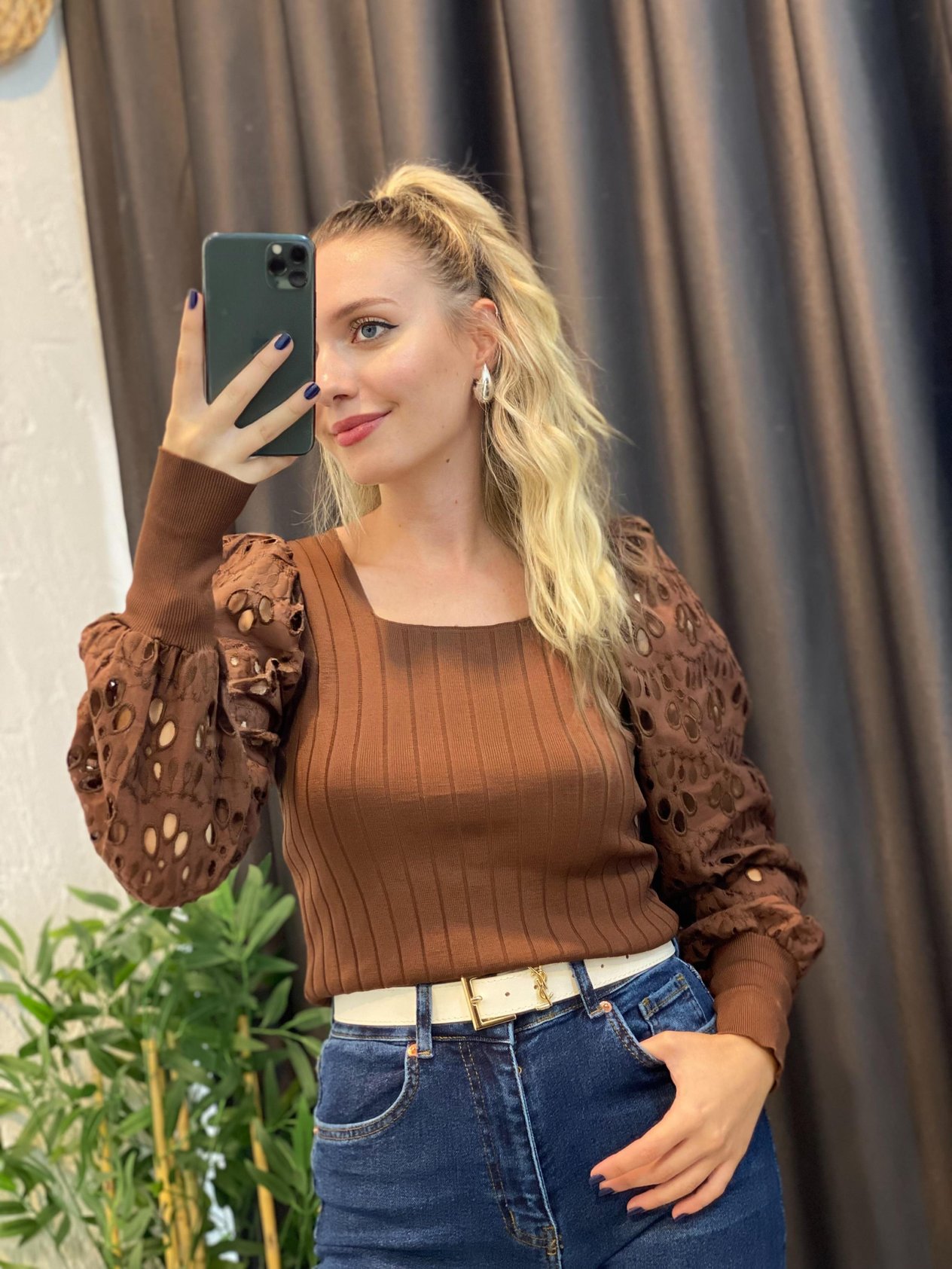 Kahve Kolları Fisto Detaylı Triko Bluz 