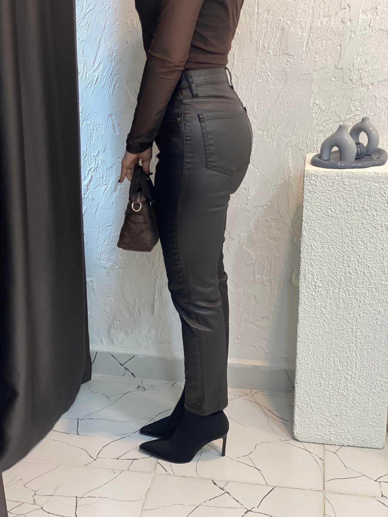 Kahve Mumlu Yüksek Bel Boyfit Jean 