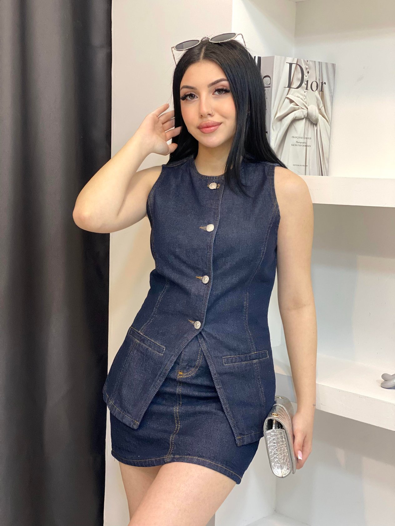 Lacivert  Yelek Etek Denim Takım 