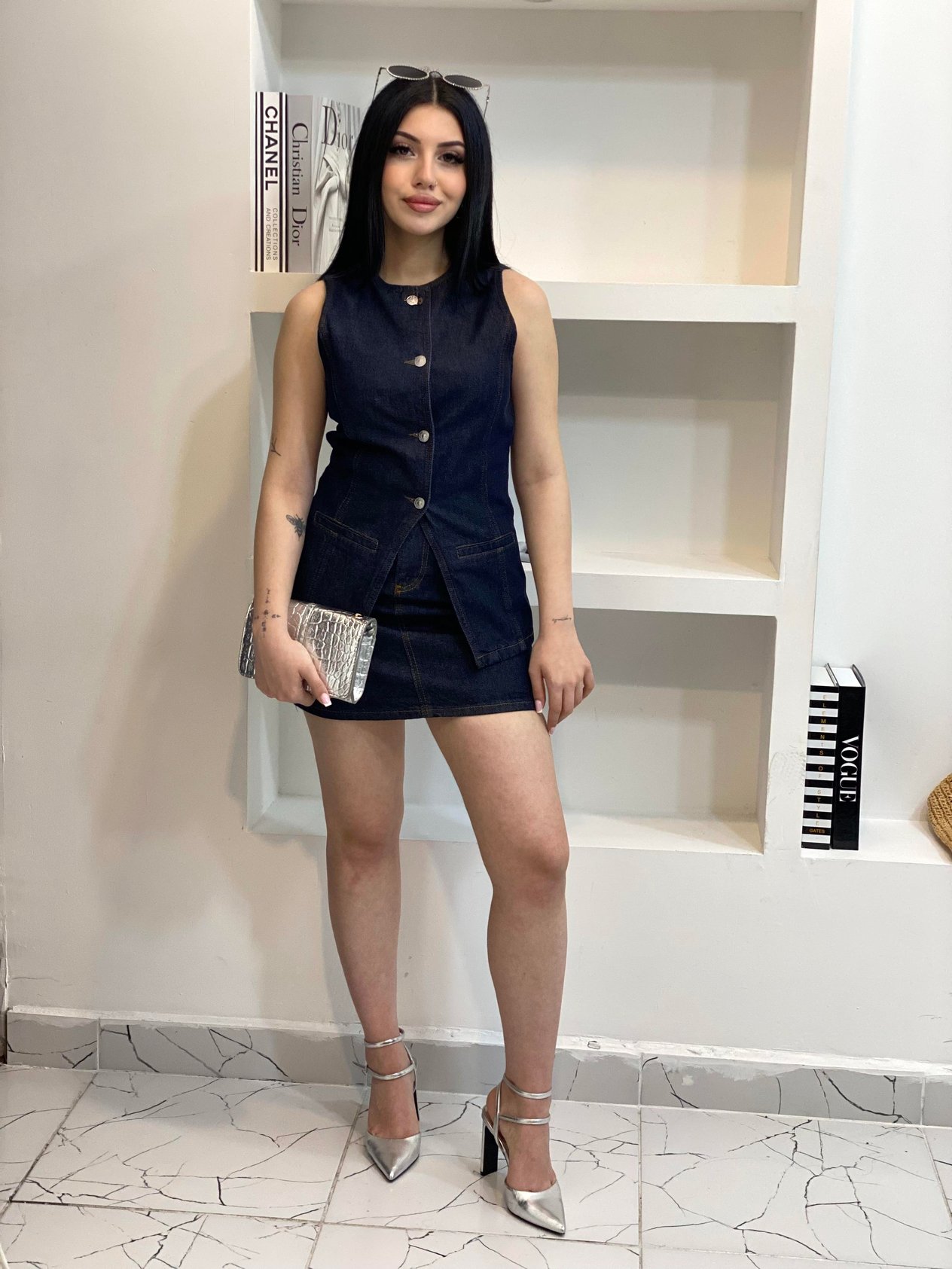 Lacivert  Yelek Etek Denim Takım 