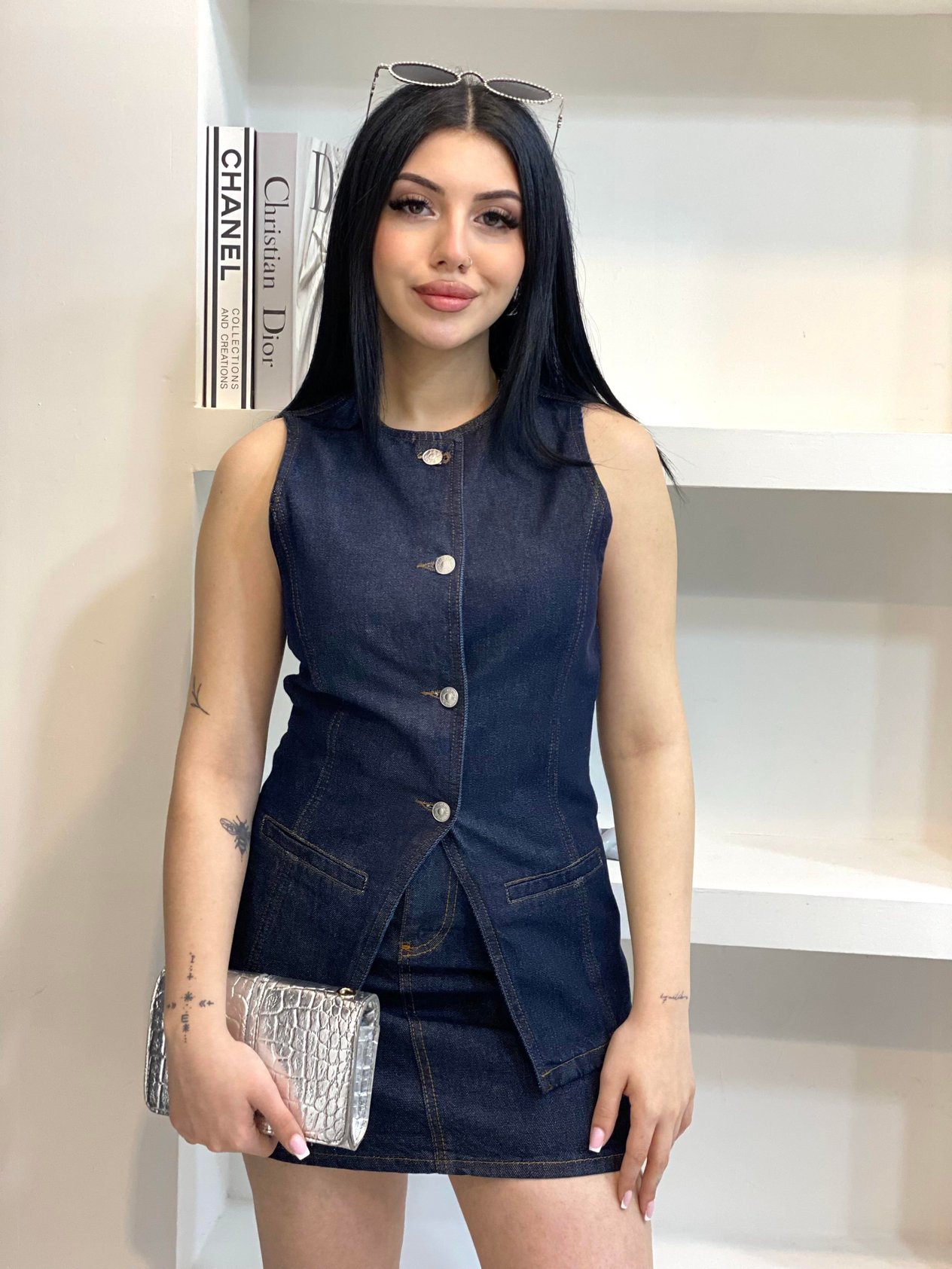 Lacivert  Yelek Etek Denim Takım 