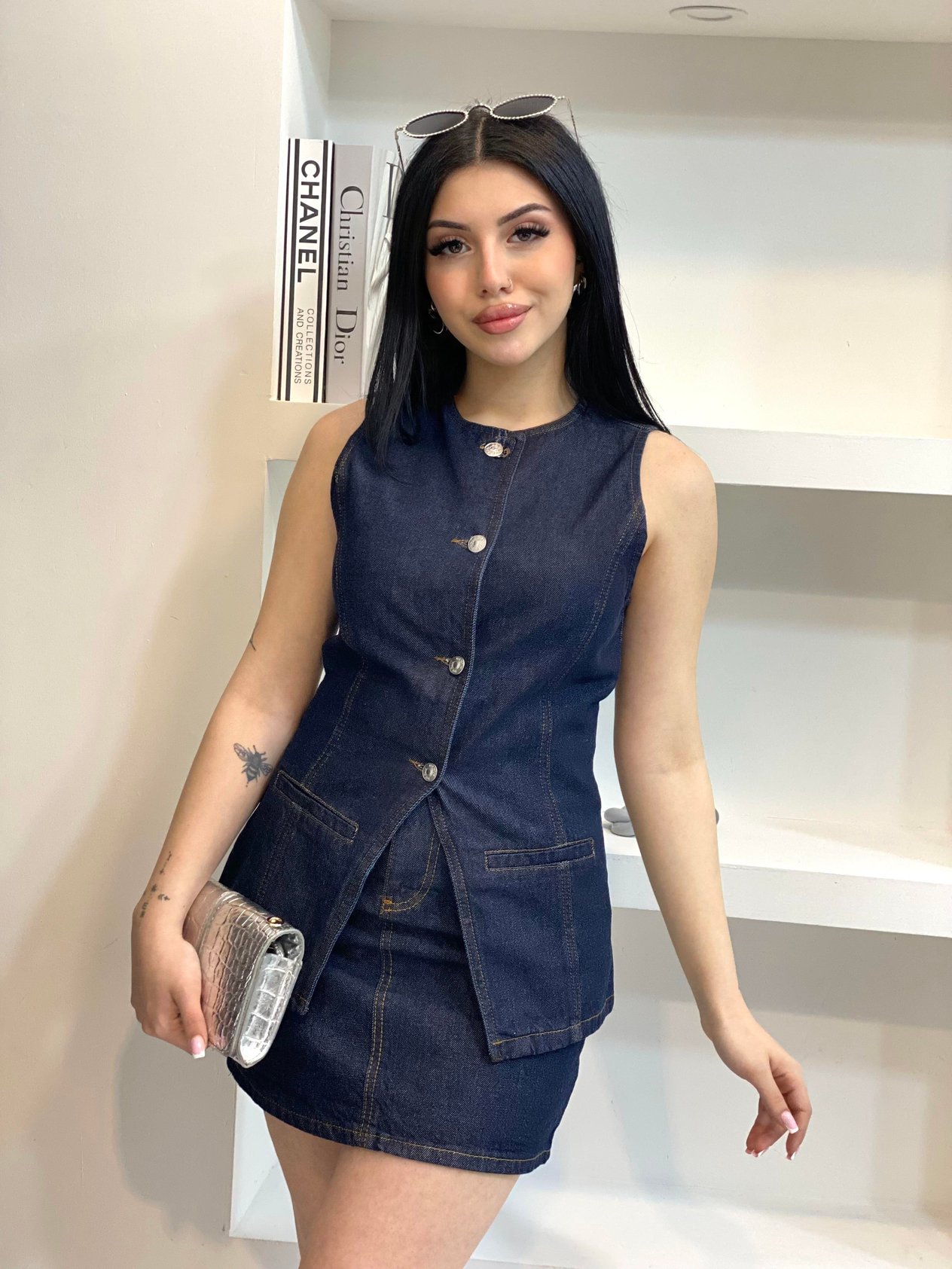 Lacivert  Yelek Etek Denim Takım 