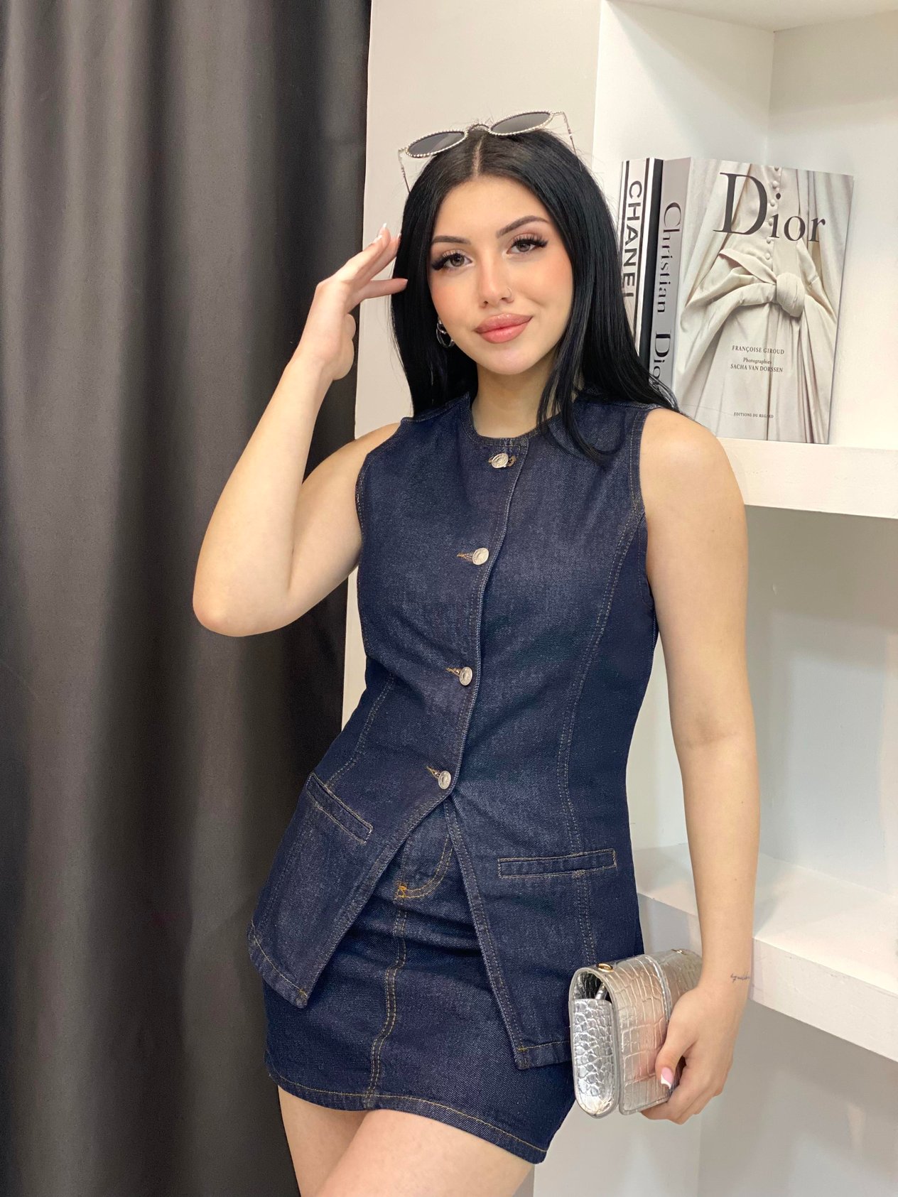 Lacivert  Yelek Etek Denim Takım 
