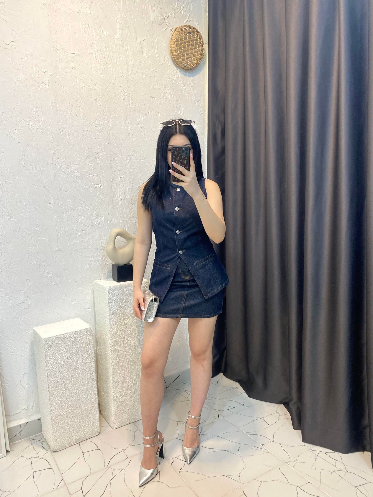 Lacivert  Yelek Etek Denim Takım 