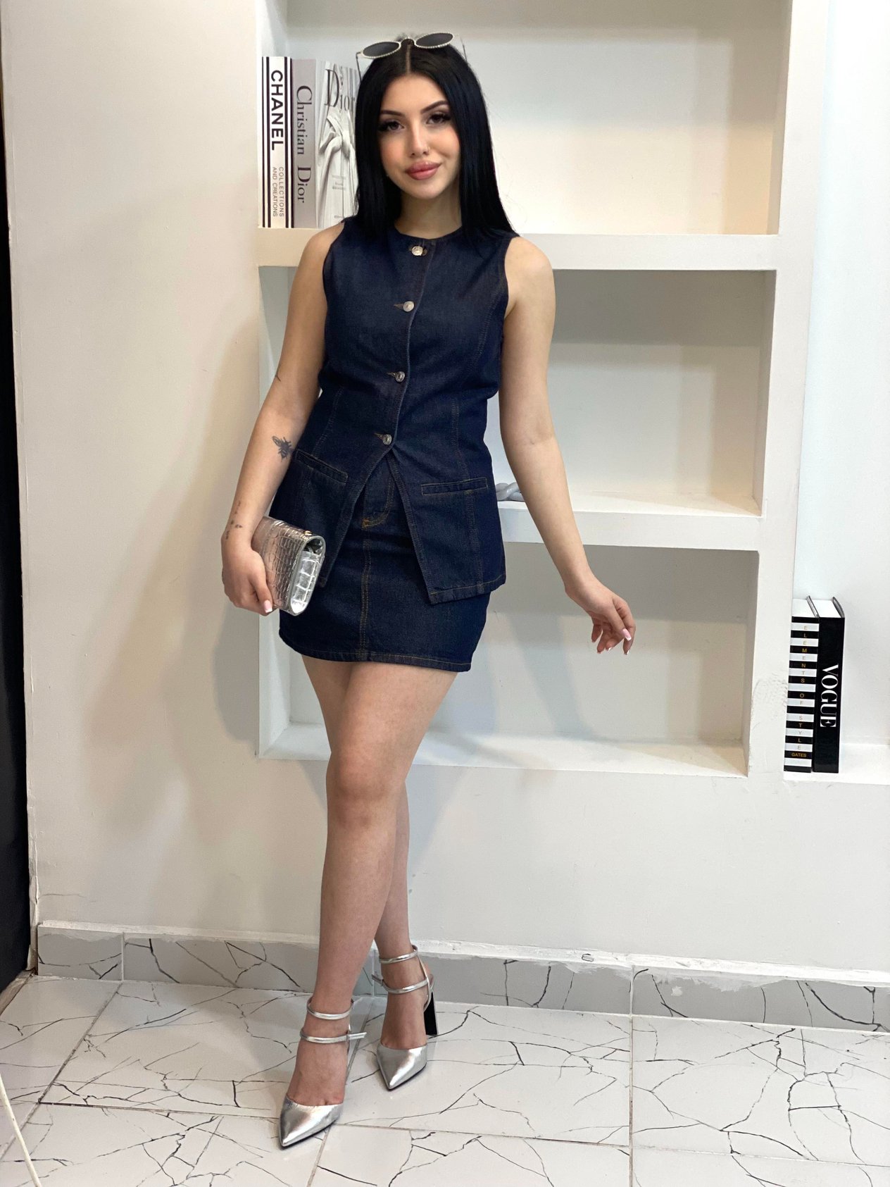 Lacivert  Yelek Etek Denim Takım 