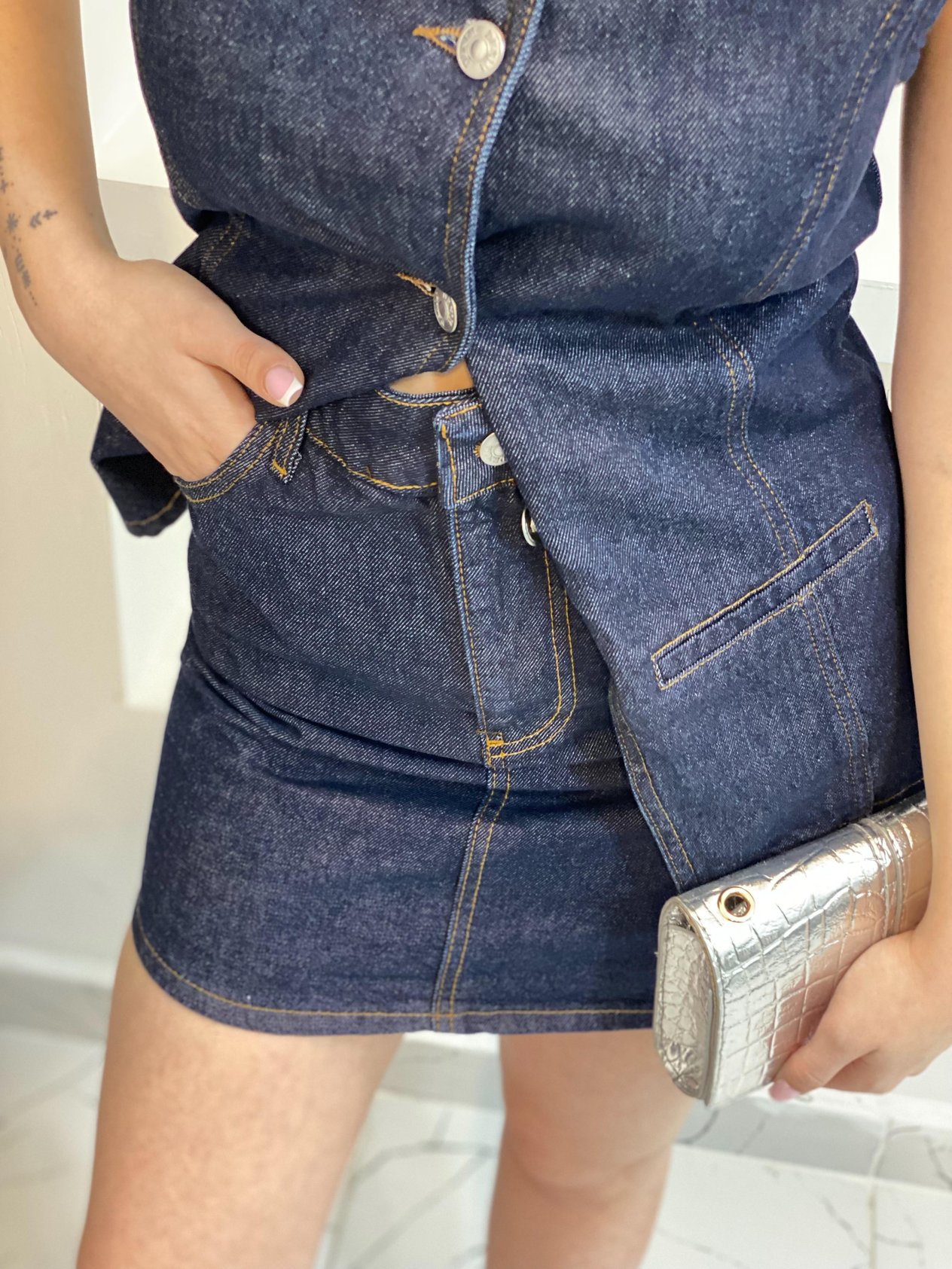 Lacivert  Yelek Etek Denim Takım 