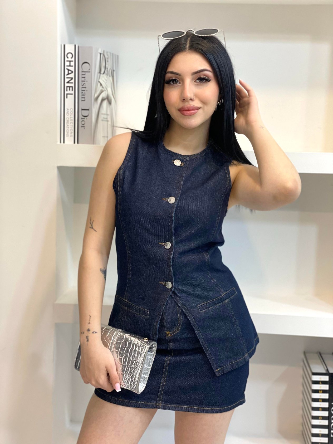 Lacivert  Yelek Etek Denim Takım 
