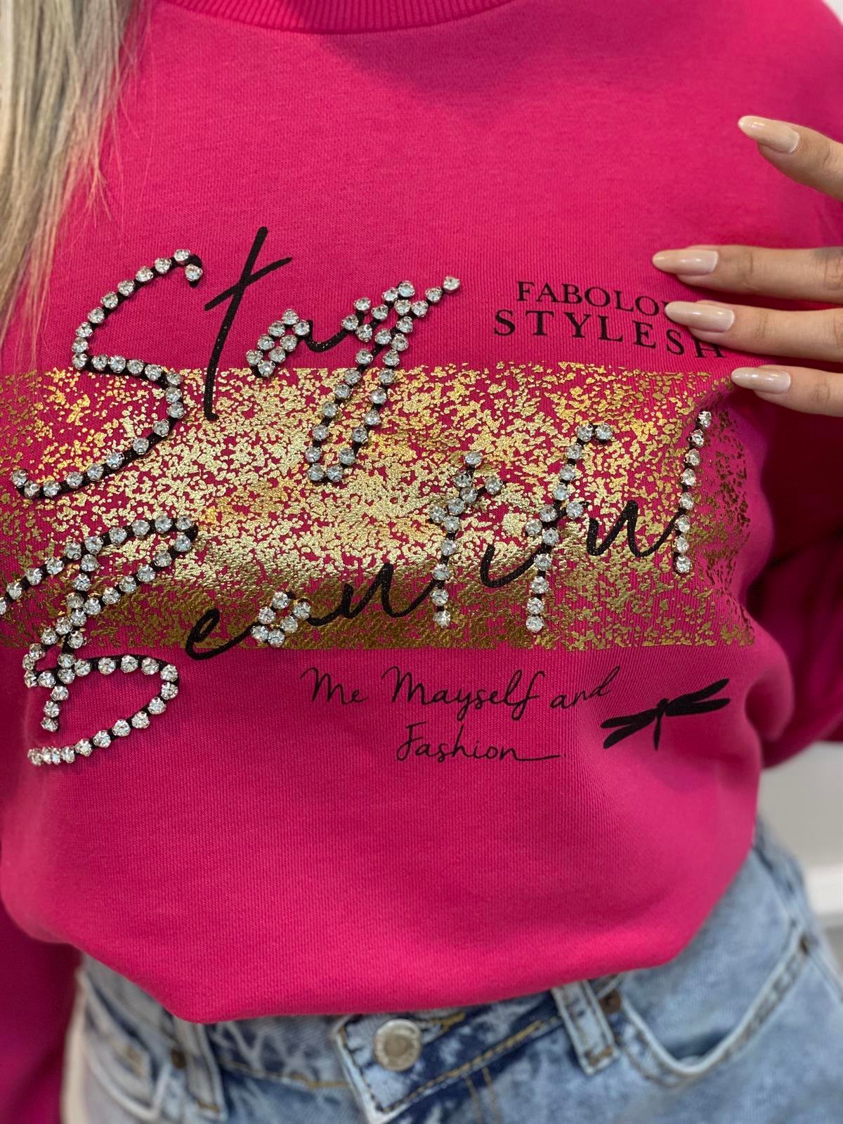 Pembe Gold Baskılı Taşlı Sweatshirt 