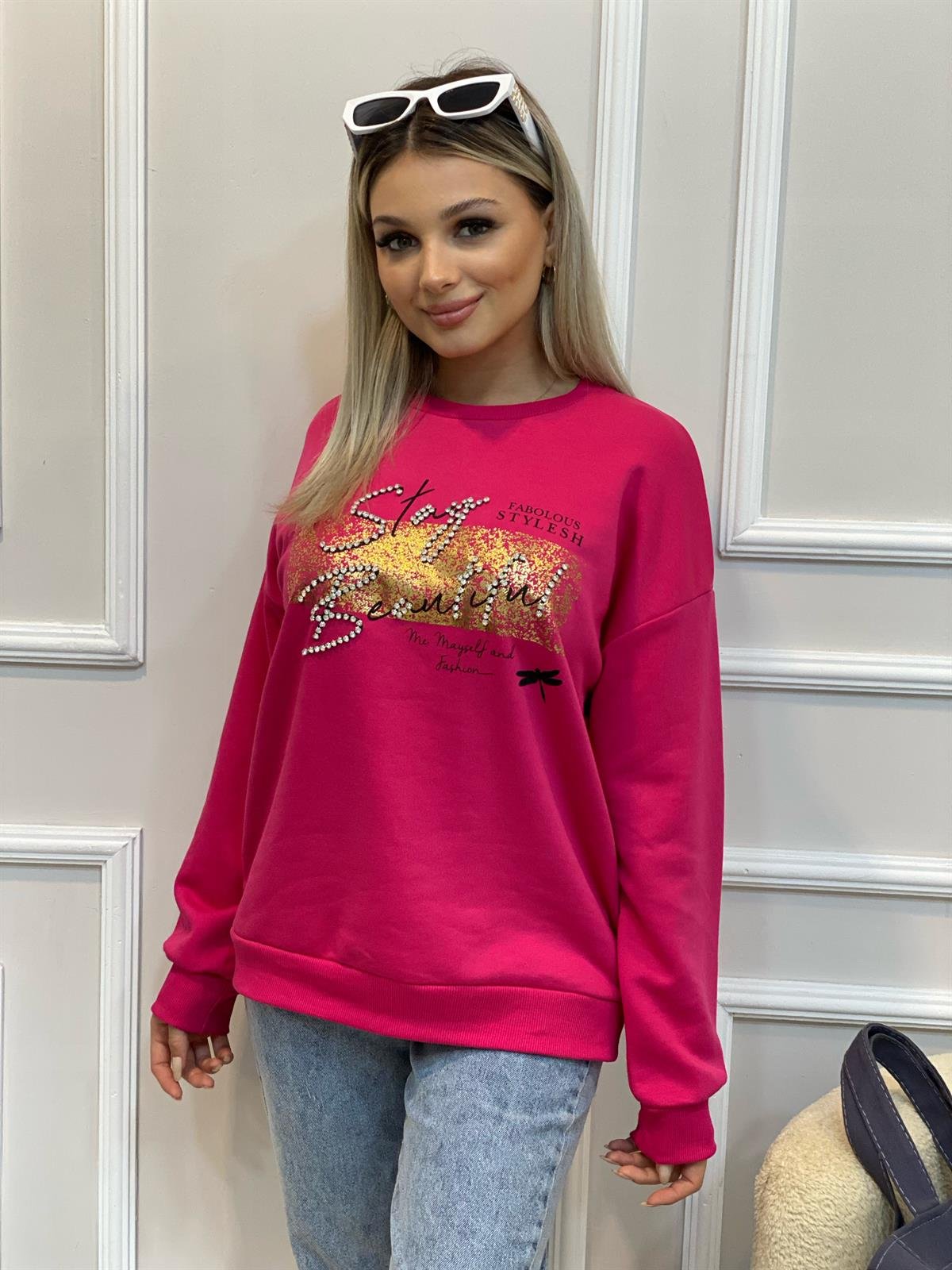 Pembe Gold Baskılı Taşlı Sweatshirt 