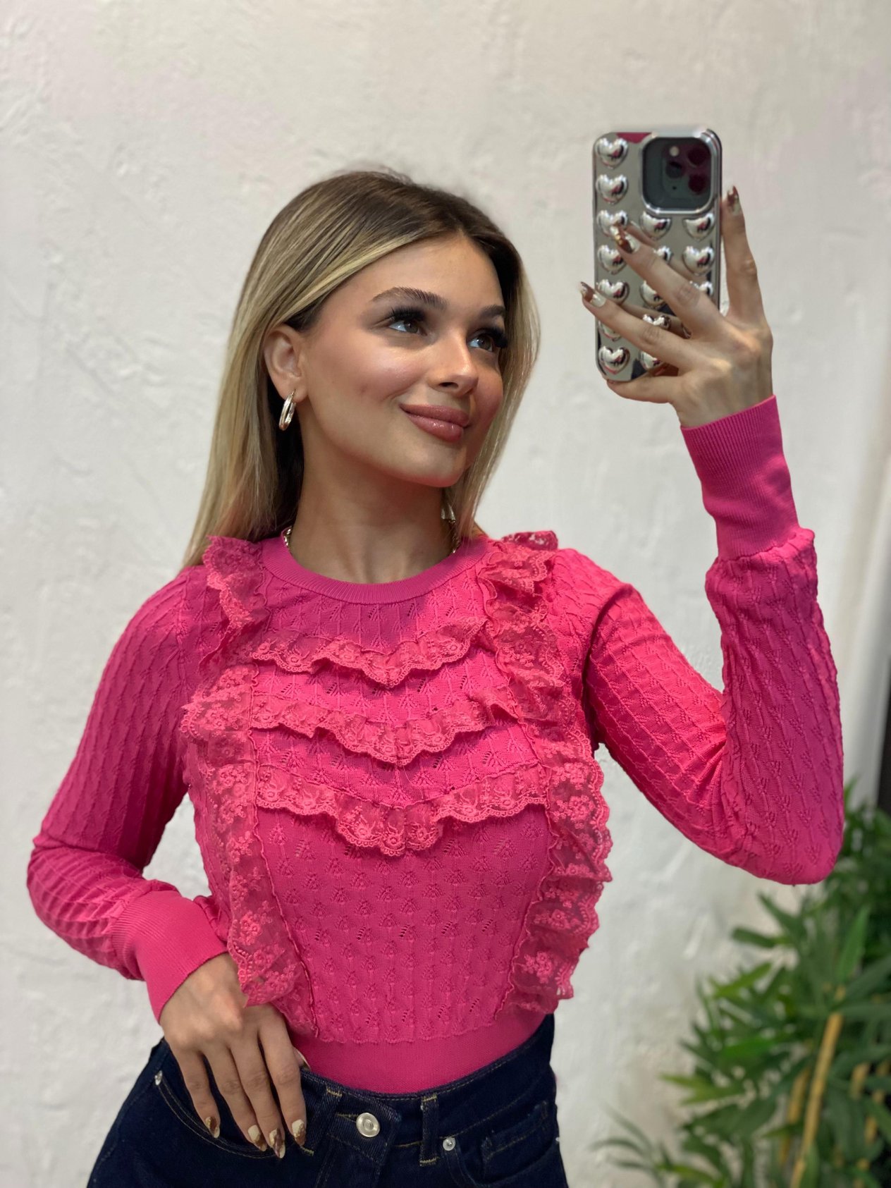 Pembe Güpürlü Model Triko