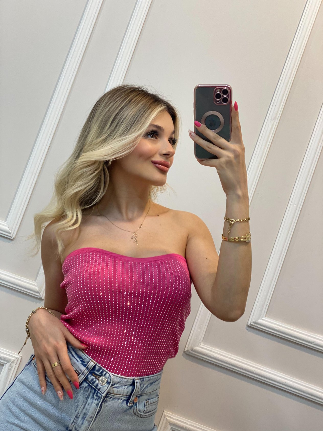 Pembe Parıltılı Taşlı Straplez Triko Bluz
