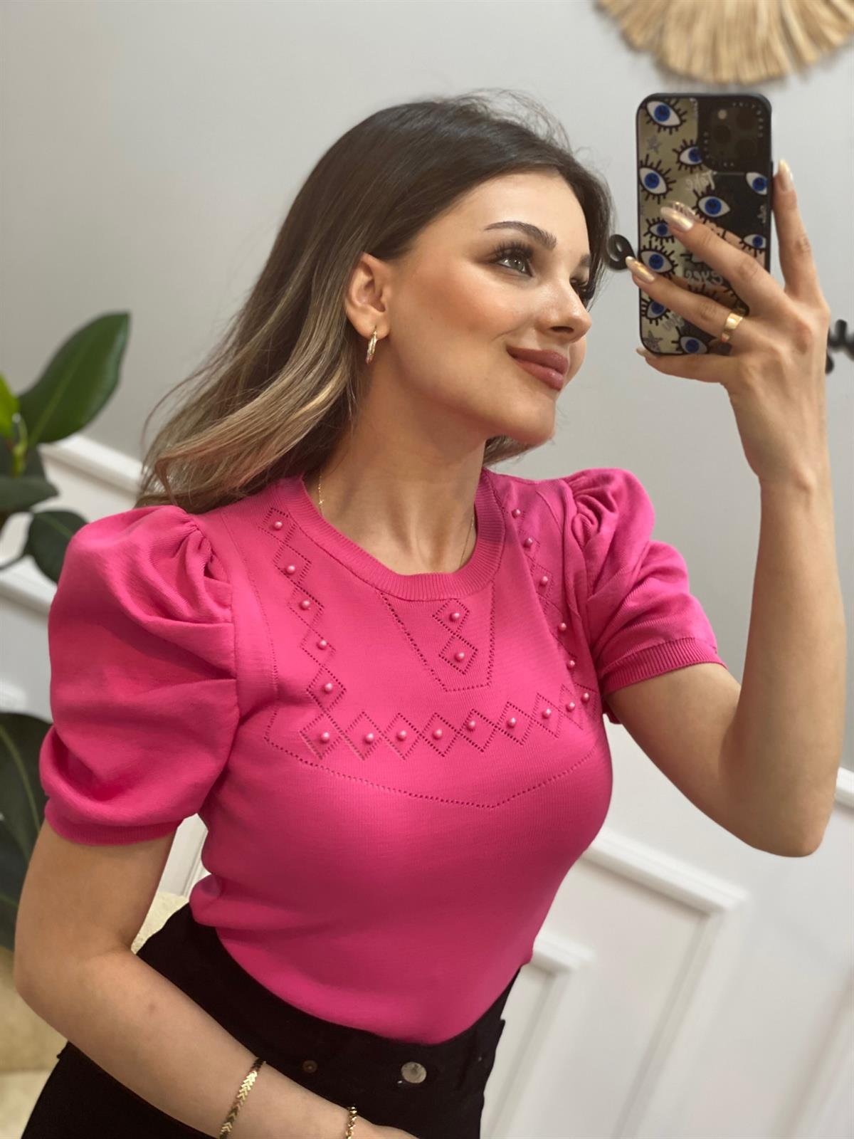 Pembe Prenses Kollu İncili Kısa Kol Triko Bluz
