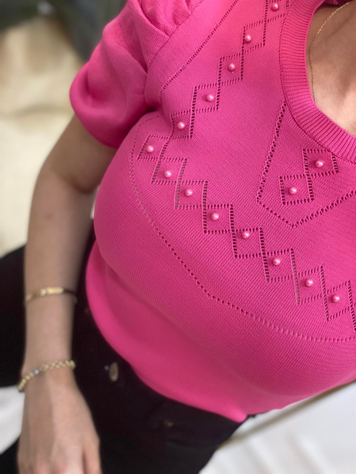 Pembe Prenses Kollu İncili Kısa Kol Triko Bluz