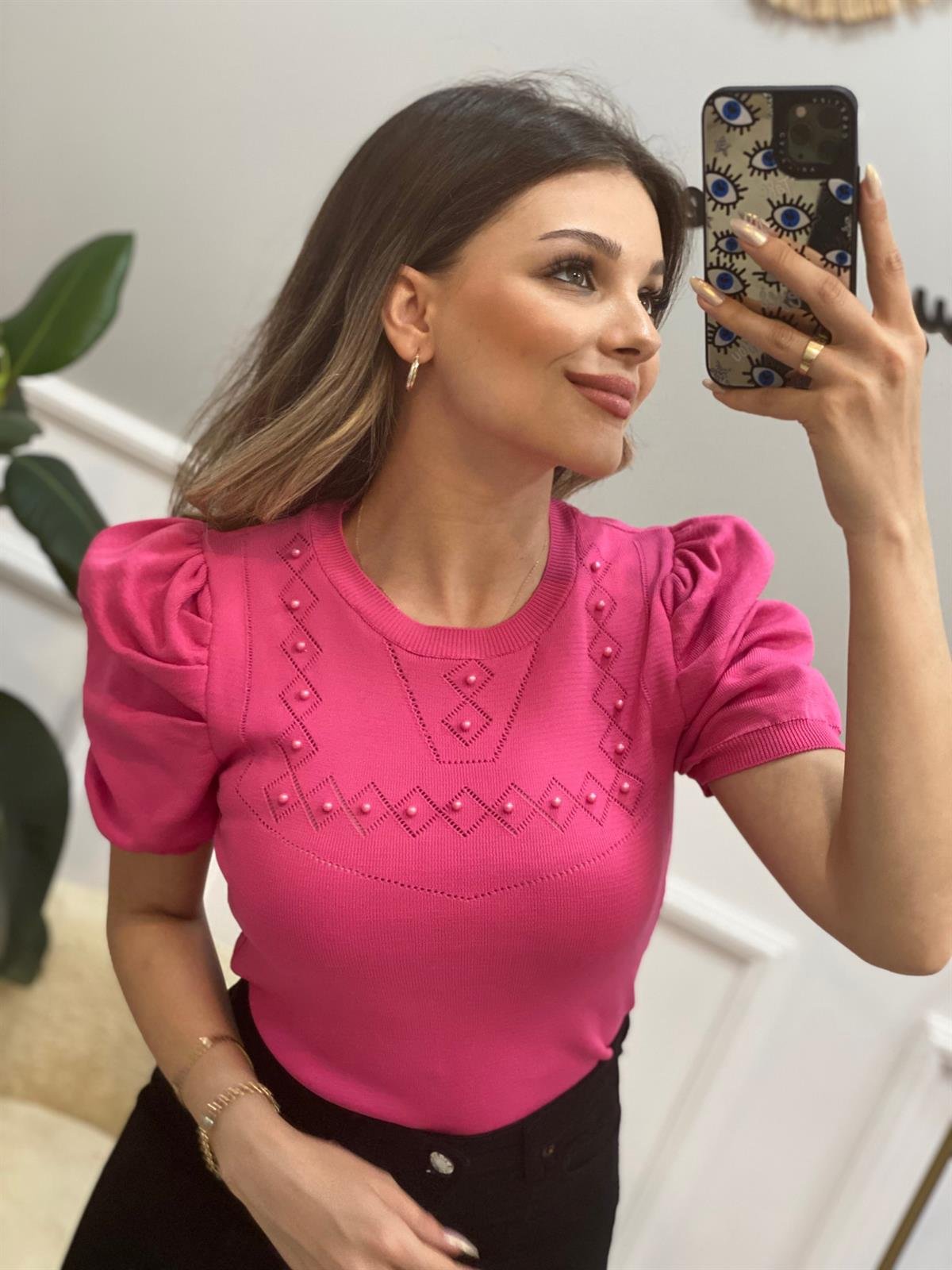 Pembe Prenses Kollu İncili Kısa Kol Triko Bluz