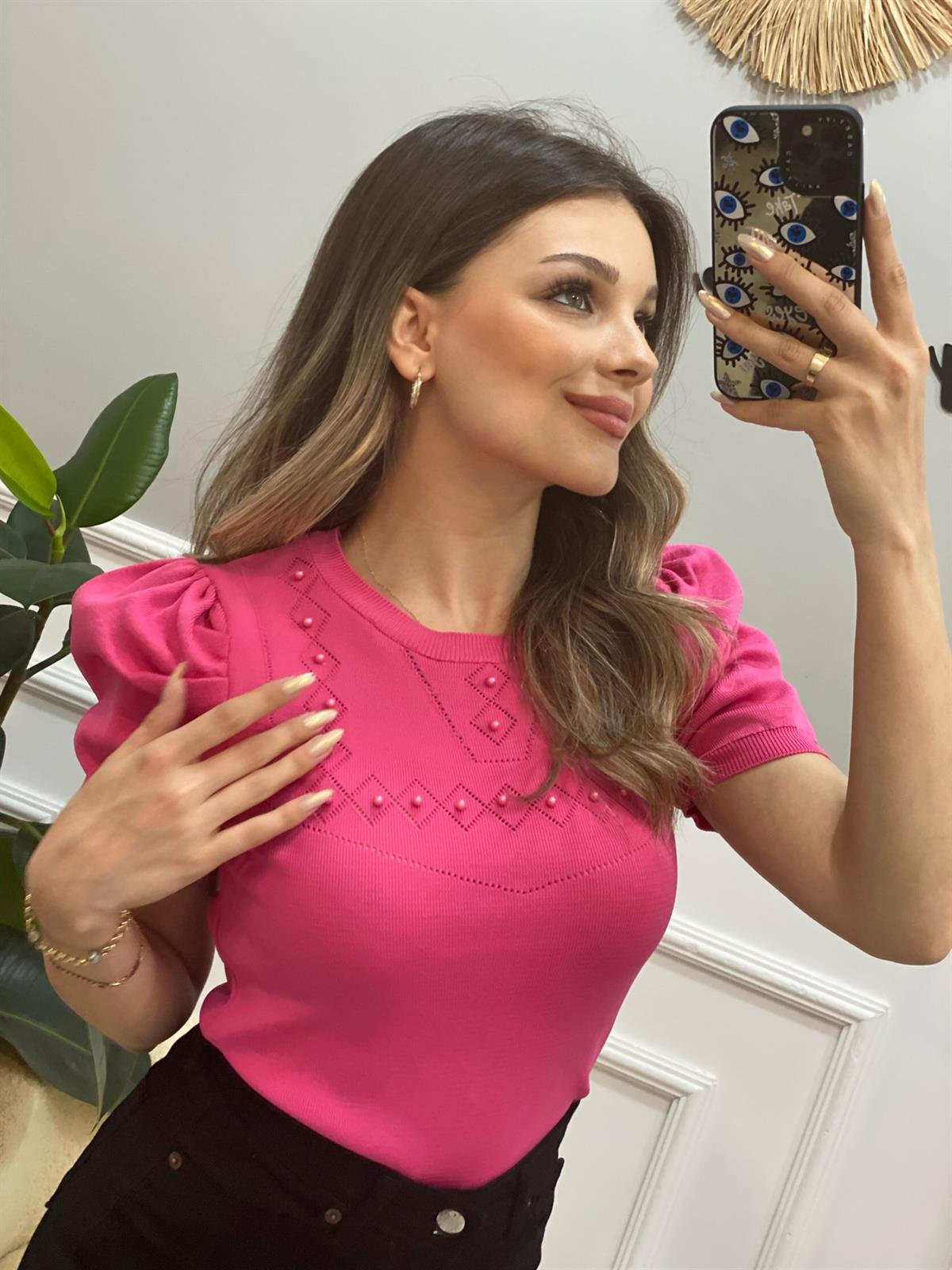Pembe Prenses Kollu İncili Kısa Kol Triko Bluz
