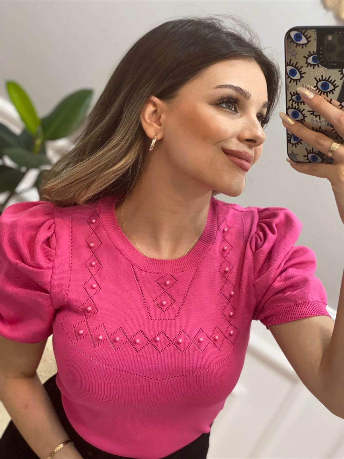 Pembe Prenses Kollu İncili Kısa Kol Triko Bluz