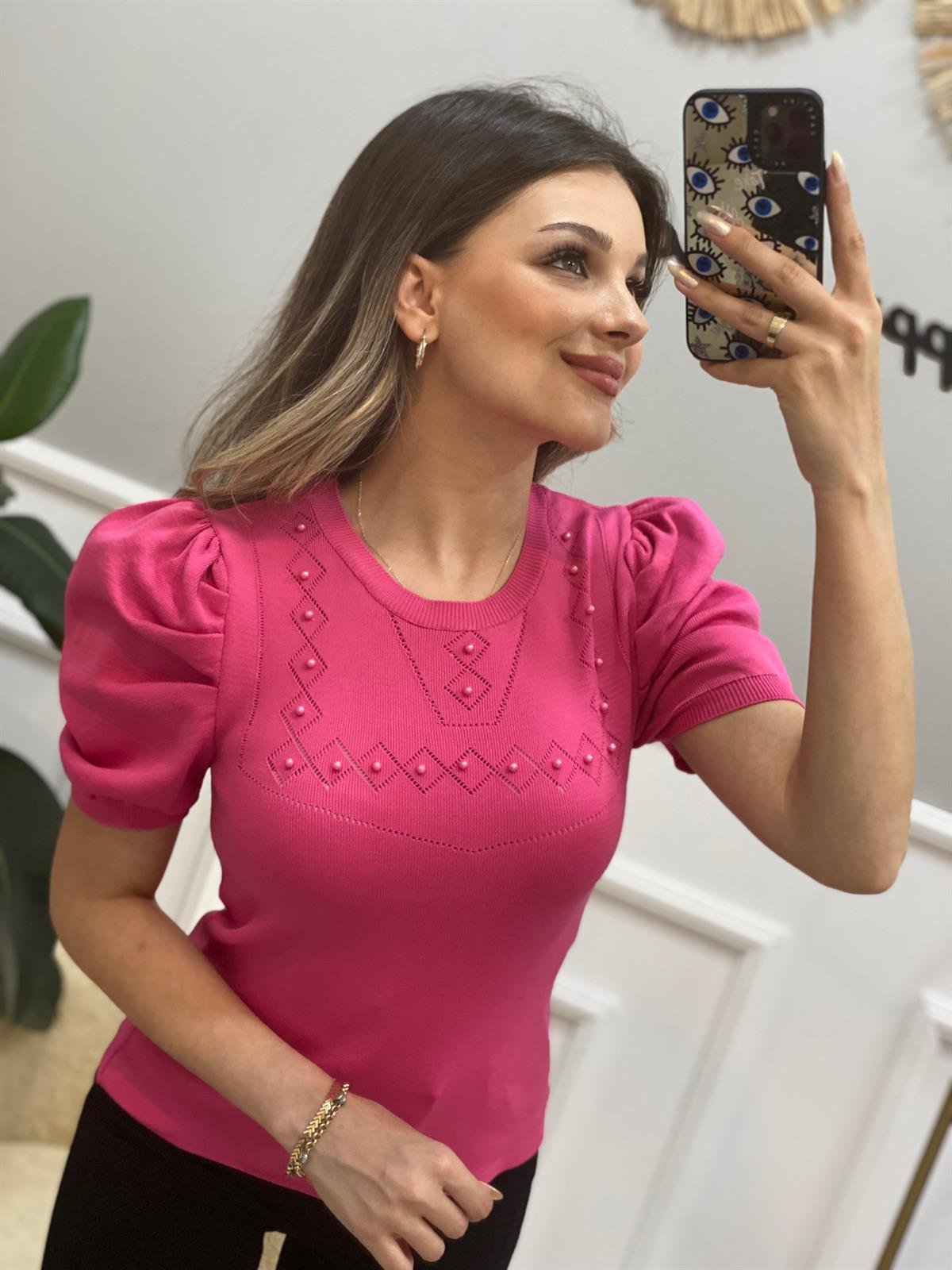 Pembe Prenses Kollu İncili Kısa Kol Triko Bluz