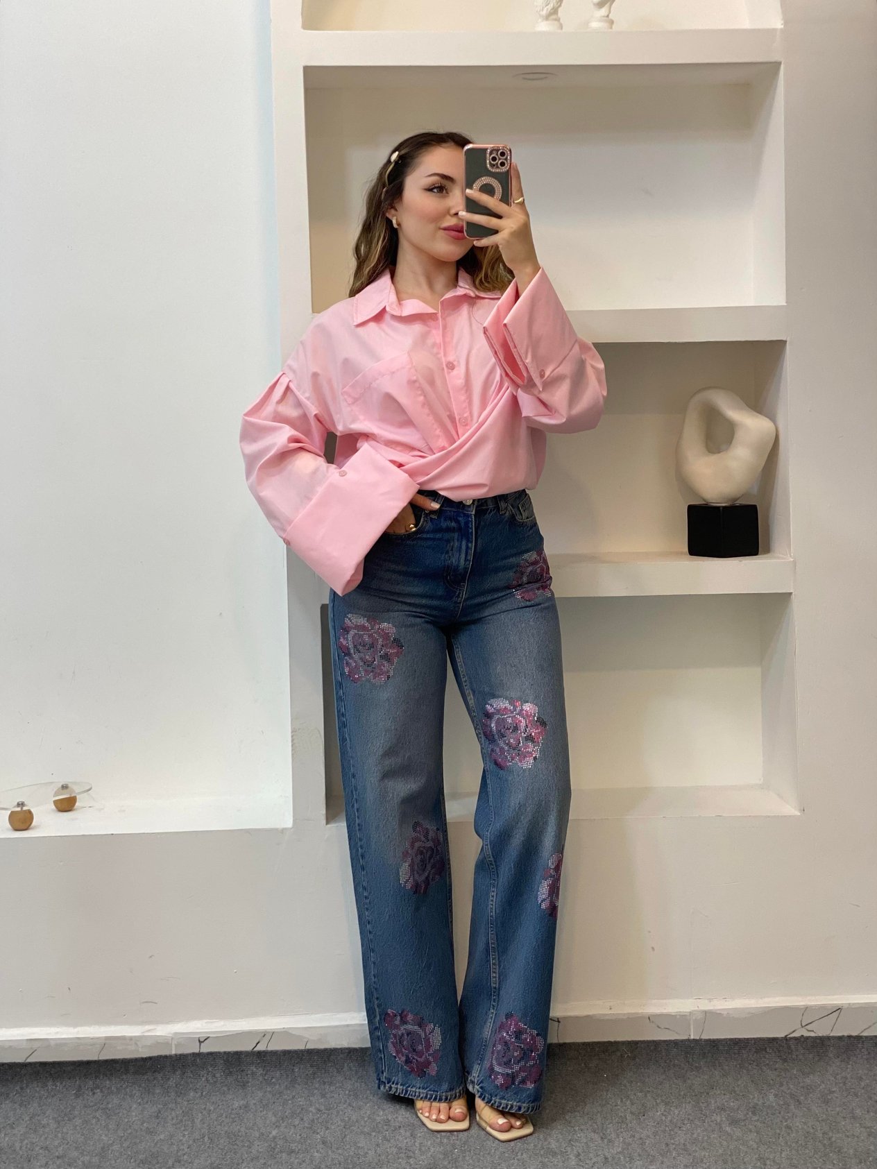 Pembe Renk Cepli Oversize Poplin Kumaş GÖMLEK