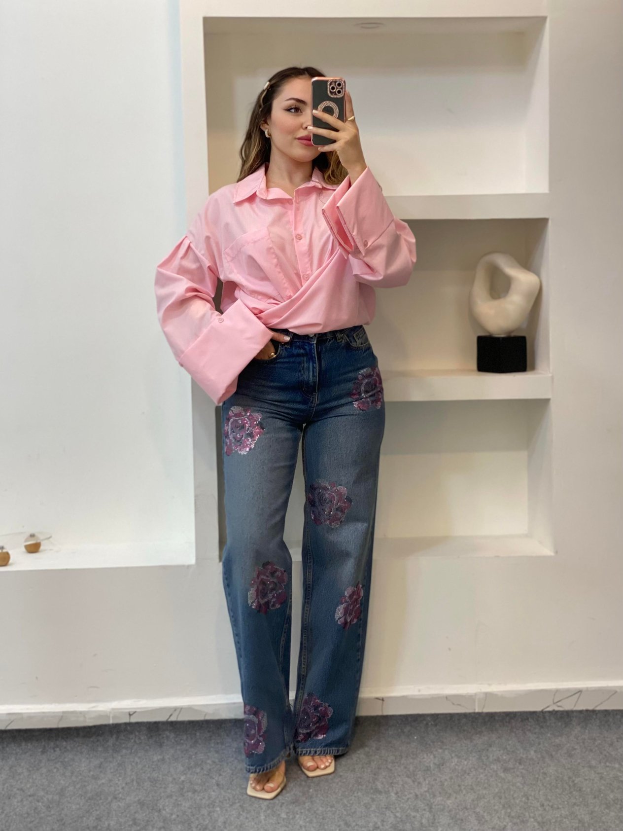 Pembe Renk Cepli Oversize Poplin Kumaş GÖMLEK