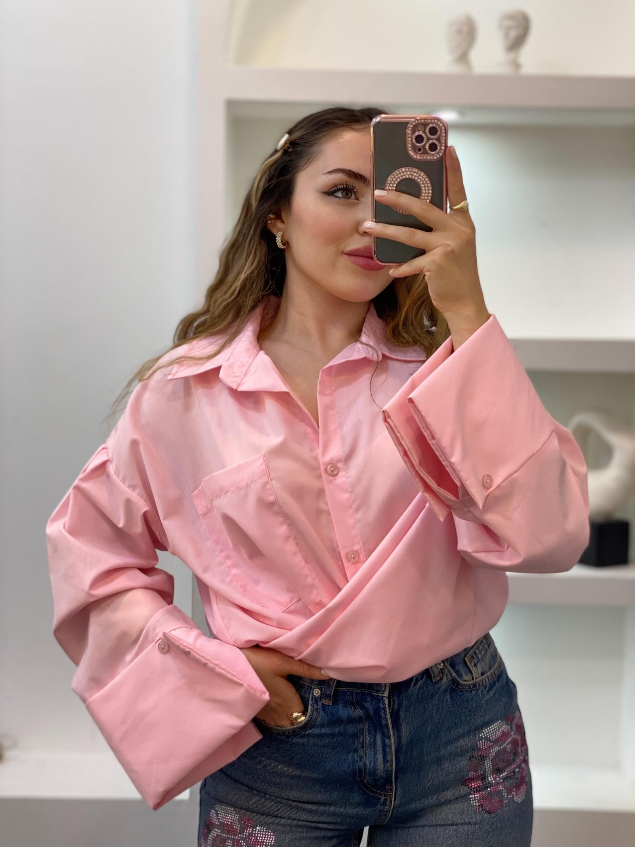 Pembe Renk Cepli Oversize Poplin Kumaş GÖMLEK
