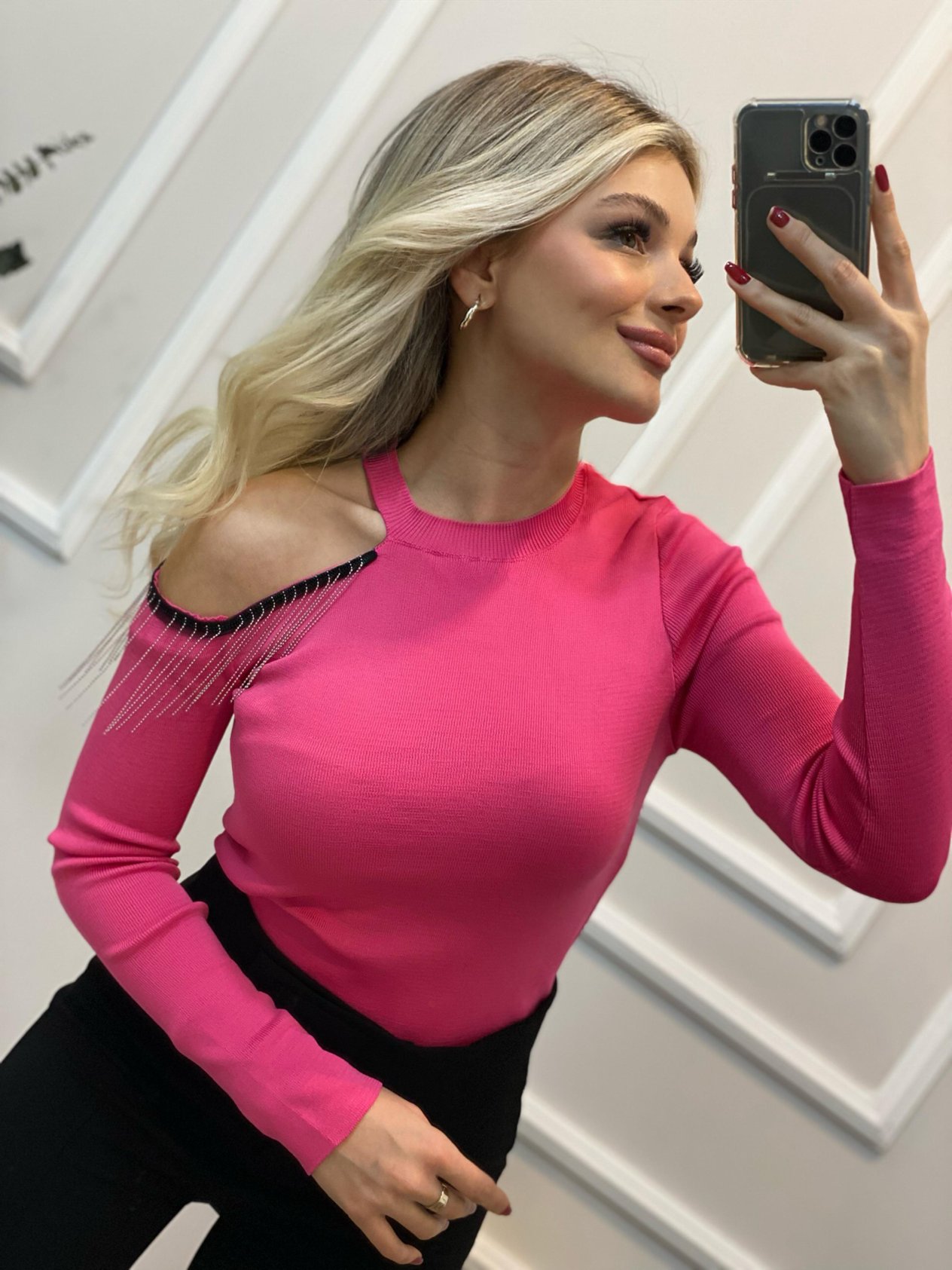 Pembe Tek Omuz Zincir Dikimli Triko