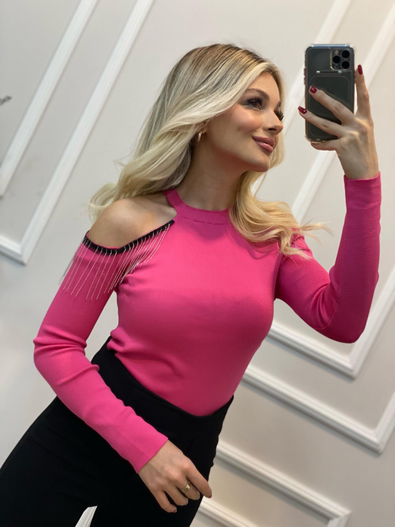 Pembe Tek Omuz Zincir Dikimli Triko