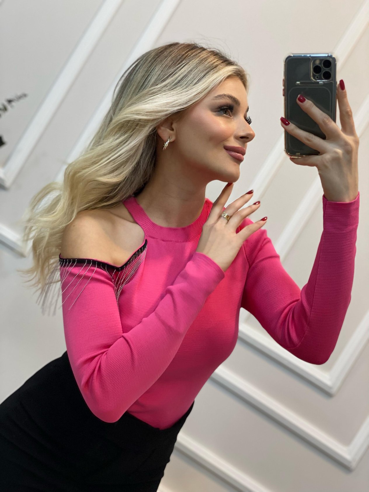 Pembe Tek Omuz Zincir Dikimli Triko