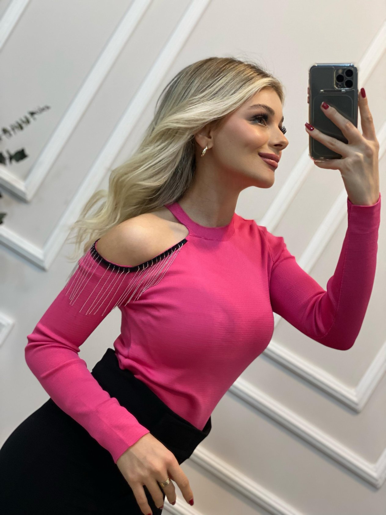 Pembe Tek Omuz Zincir Dikimli Triko